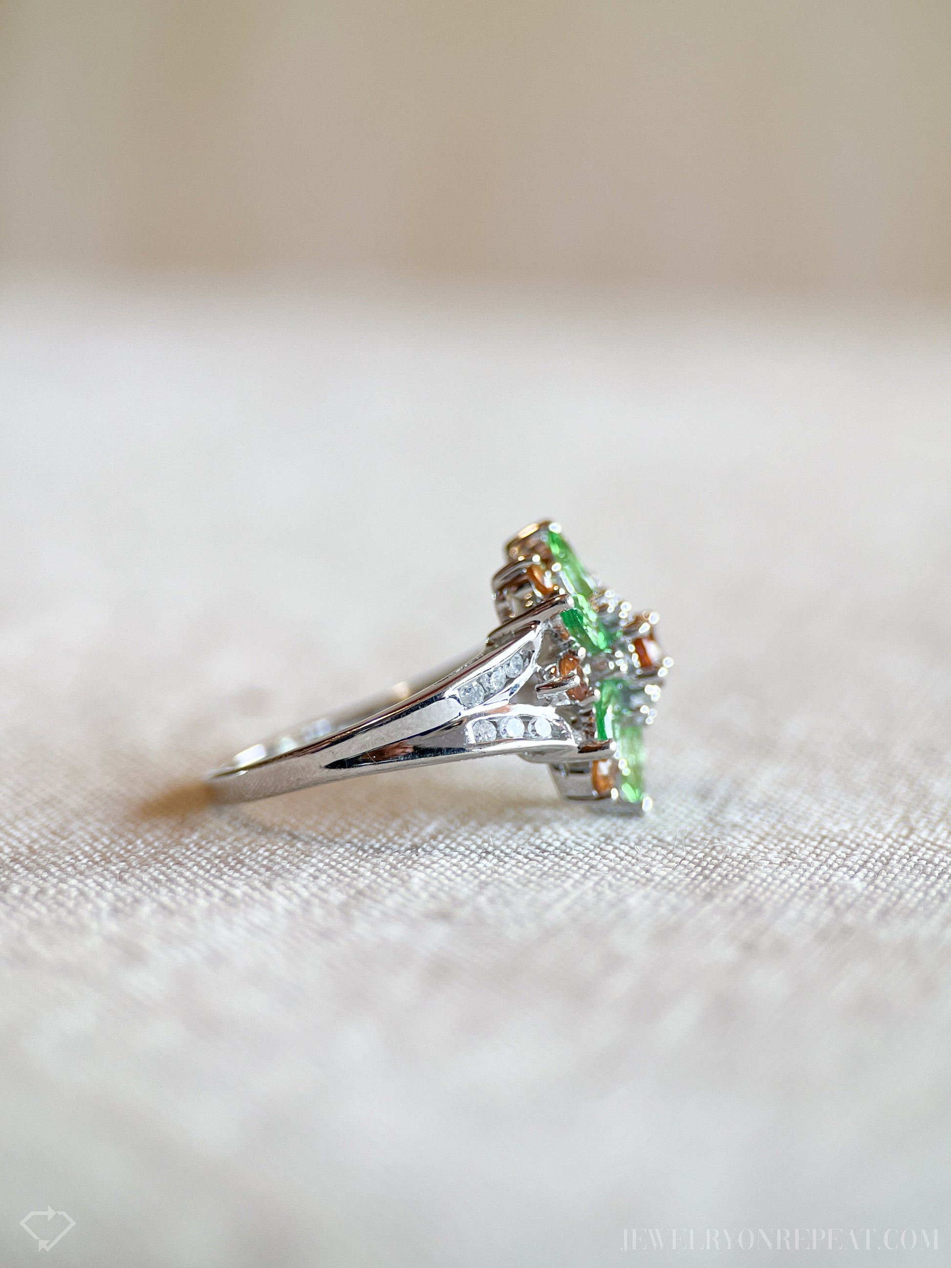 Vintage Green and Orange Garnet Floral Gemstone Ring in 14k White Gold