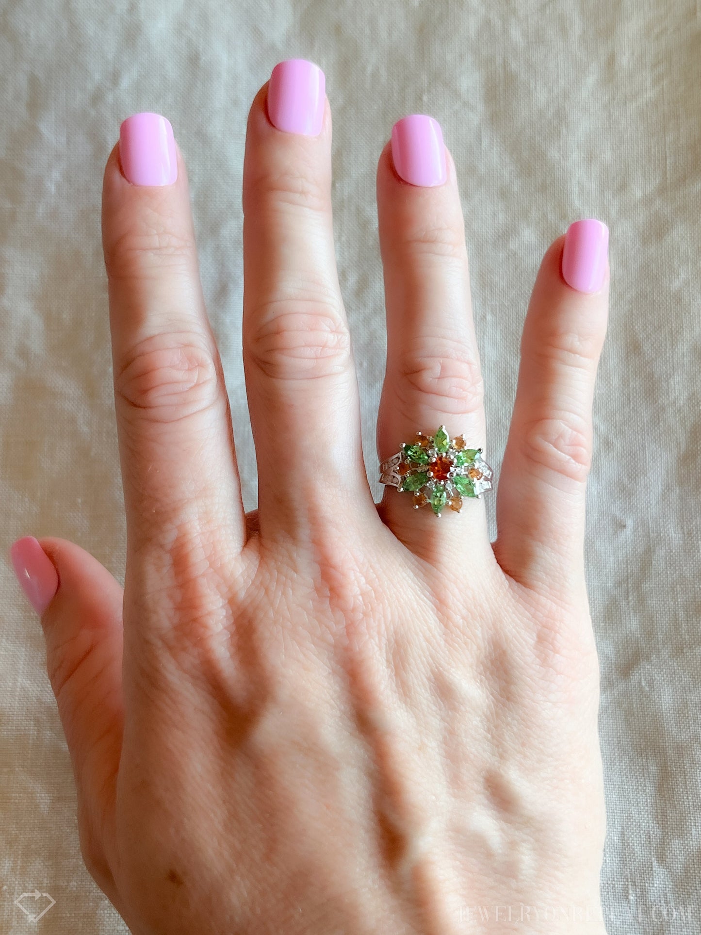 Vintage Green and Orange Garnet Floral Gemstone Ring in 14k White Gold, Retro 1990s Jewelry - Timeless, Sustainable, @JewelryOnRepeat