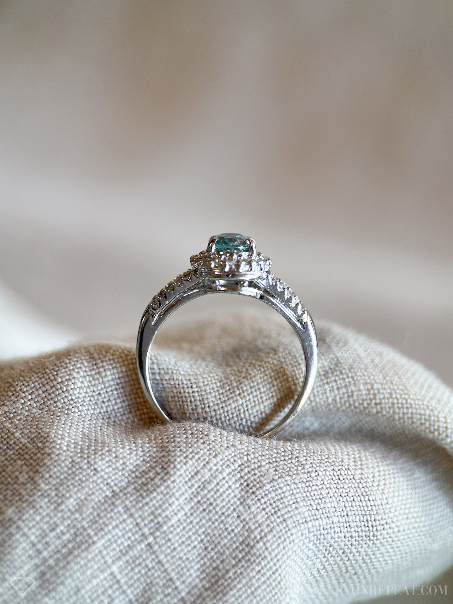 Vintage Oval Cut Blue Topaz Diamond Halo Ring in 10k White Gold, Retro Jewelry from the 1990s - Timeless, Sustainable, @JewelryOnRepeat