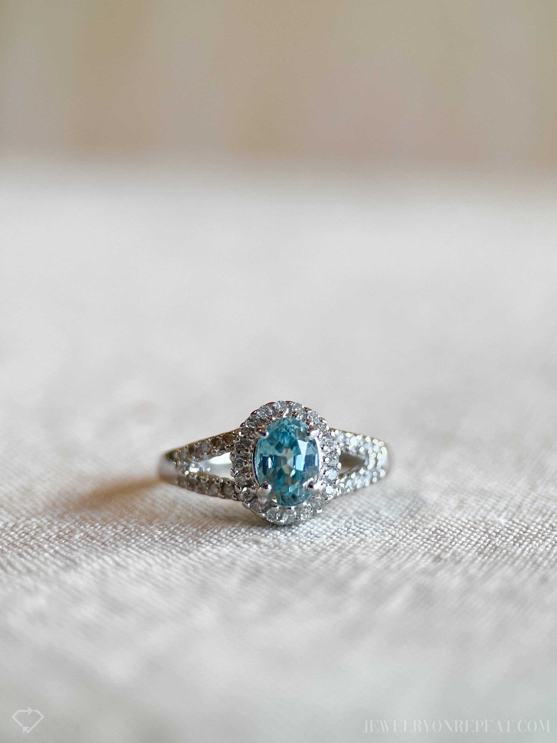 Vintage Oval Cut Blue Topaz Diamond Halo Ring in 10k White Gold, Retro Jewelry from the 1990s - Timeless, Sustainable, @JewelryOnRepeat