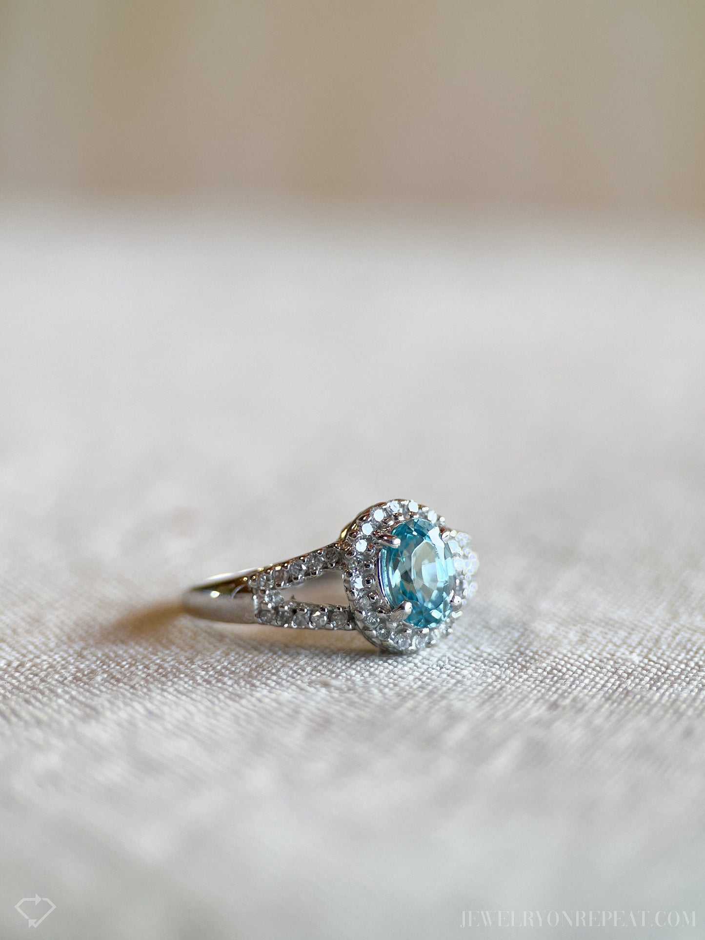 Vintage Oval Cut Blue Topaz Diamond Halo Ring in 10k White Gold, Retro Jewelry from the 1990s - Timeless, Sustainable, @JewelryOnRepeat