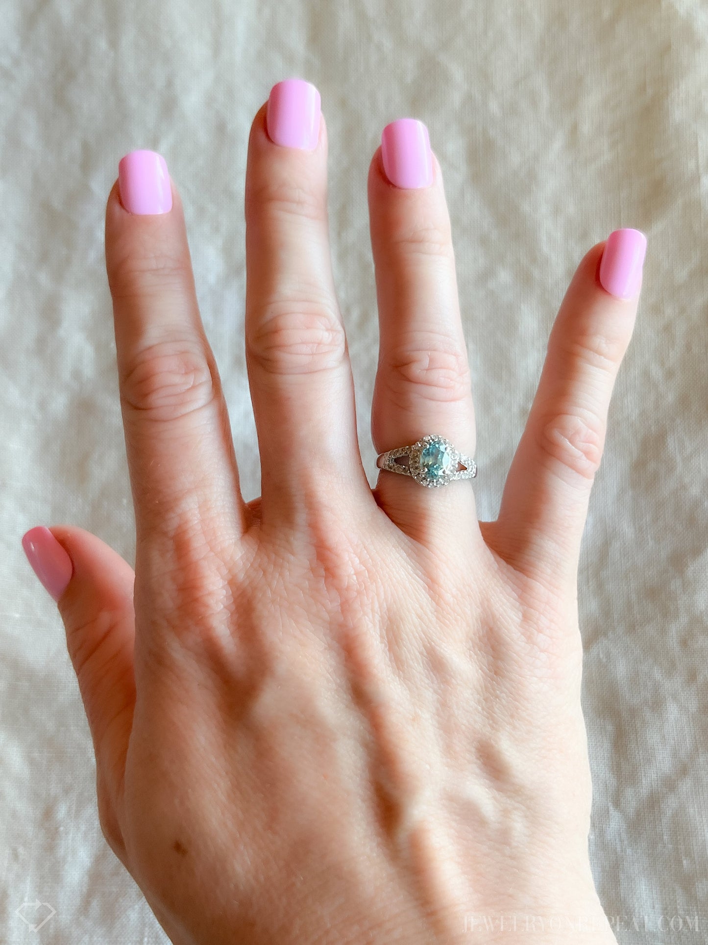 Vintage Oval Cut Blue Topaz Diamond Halo Ring in 10k White Gold, Retro Jewelry from the 1990s - Timeless, Sustainable, @JewelryOnRepeat