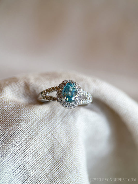 Vintage Oval Cut Blue Topaz Diamond Halo Ring in 10k White Gold, Retro Jewelry from the 1990s - Timeless, Sustainable, @JewelryOnRepeat