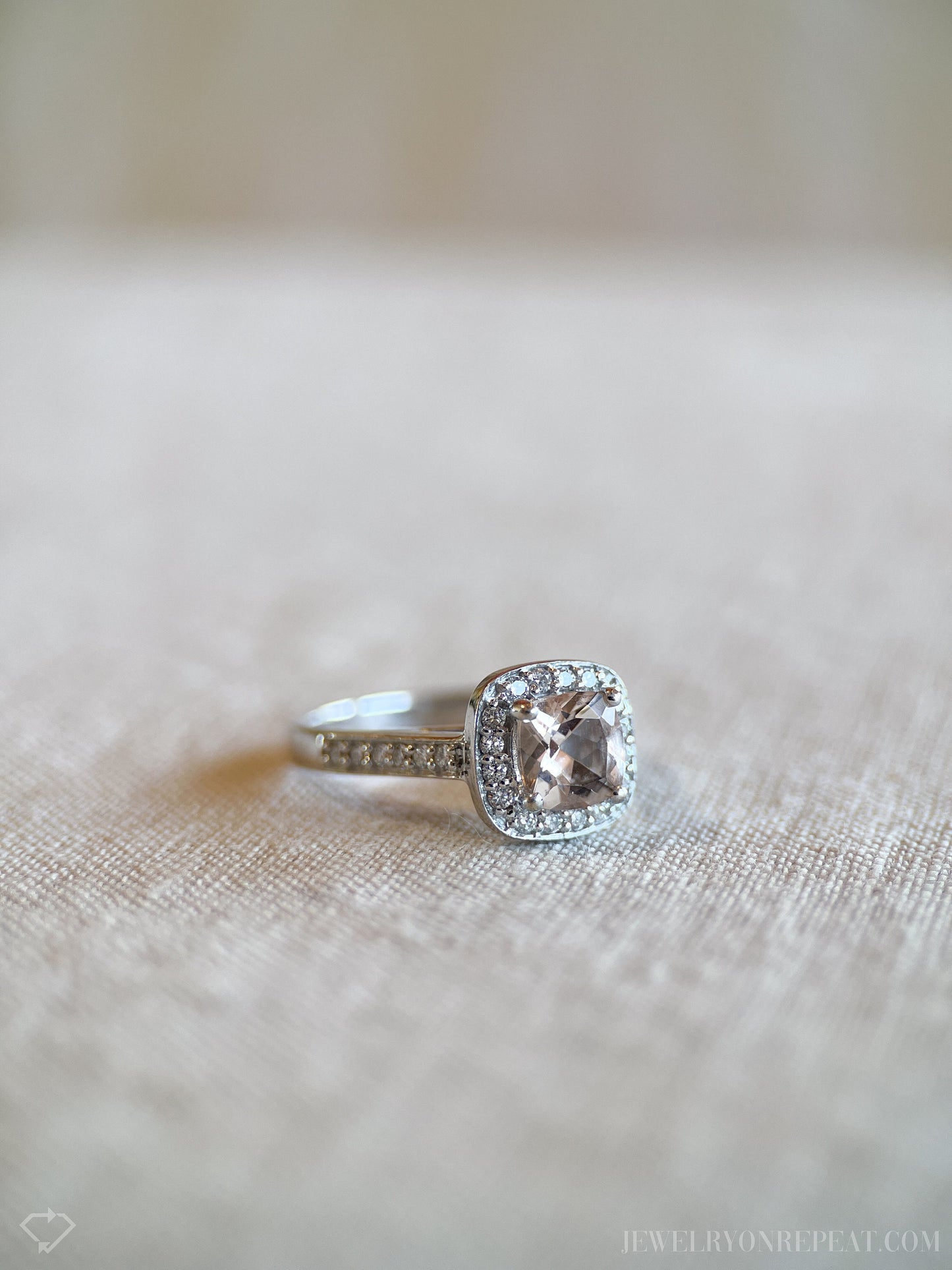Vintage Morganite Halo Engagement Ring in 14k White Gold, Retro Jewelry from the 1990s - Timeless, Sustainable, @JewelryOnRepeat