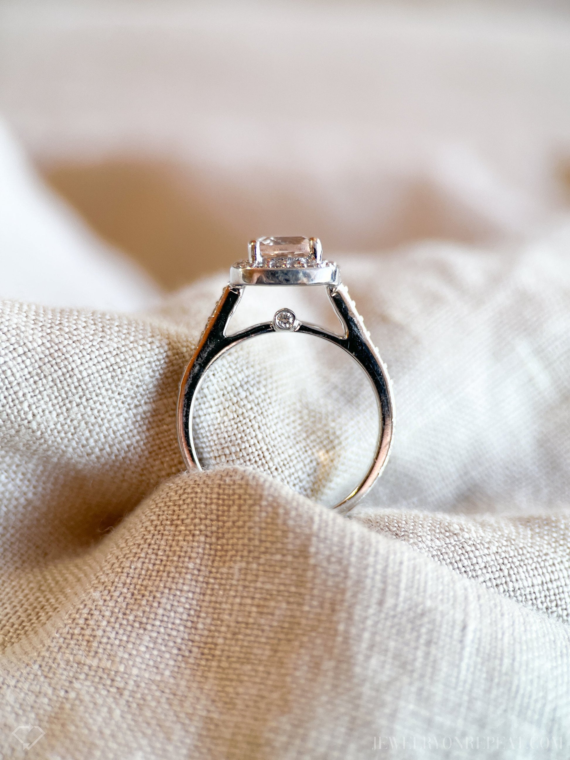 Vintage Morganite Halo Engagement Ring in 14k White Gold, Retro Jewelry from the 1990s - Timeless, Sustainable, @JewelryOnRepeat