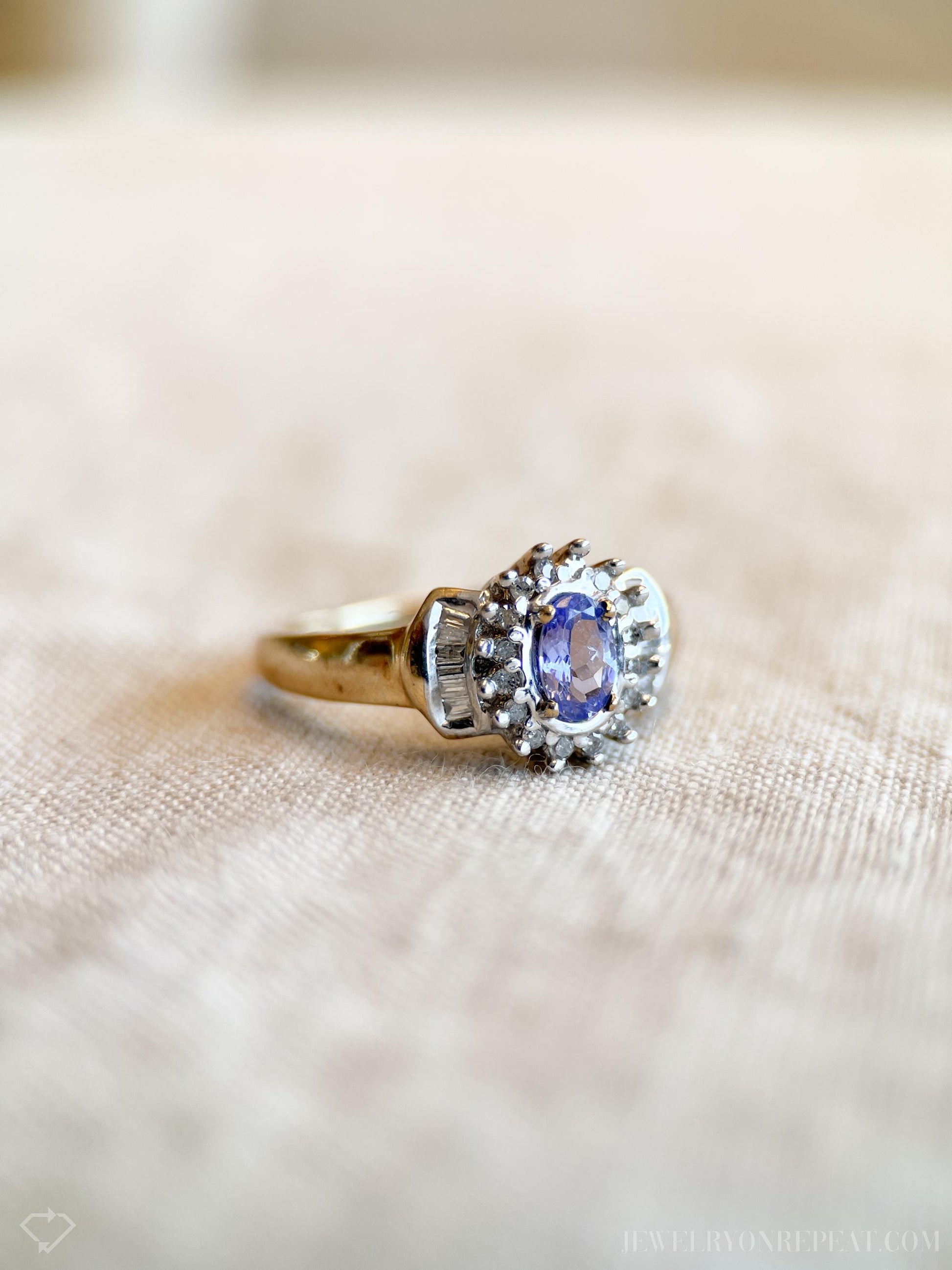 Vintage Tanzanite and Diamond Halo Gemstone Ring in 10k Gold, Retro Jewelry from the 1970s - Timeless, Sustainable, @JewelryOnRepeat