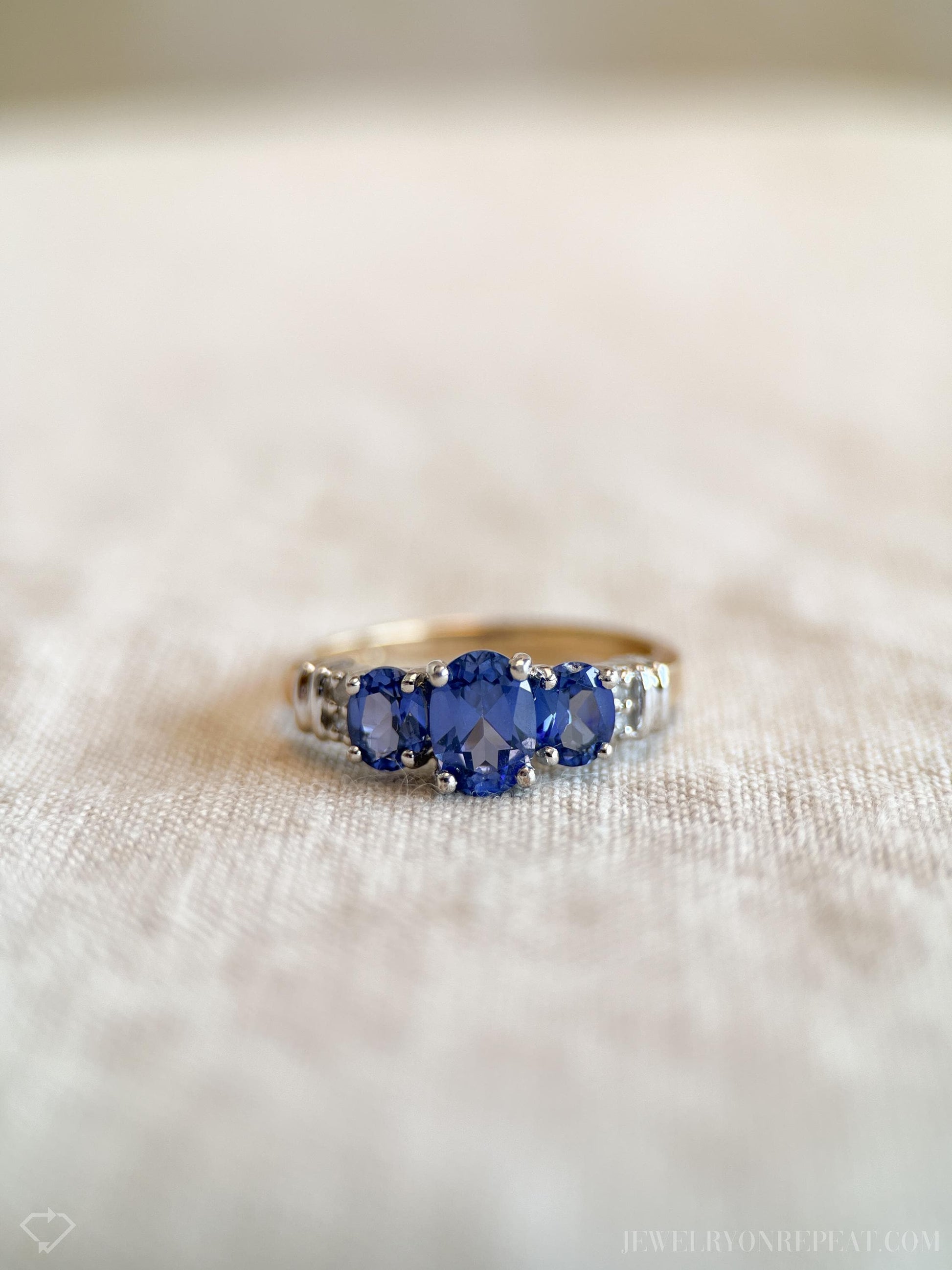 Vintage Sapphire Three Stone Gemstone Ring in 14k Gold, Retro Jewelry from the 1990s - Timeless, Sustainable, @JewelryOnRepeat