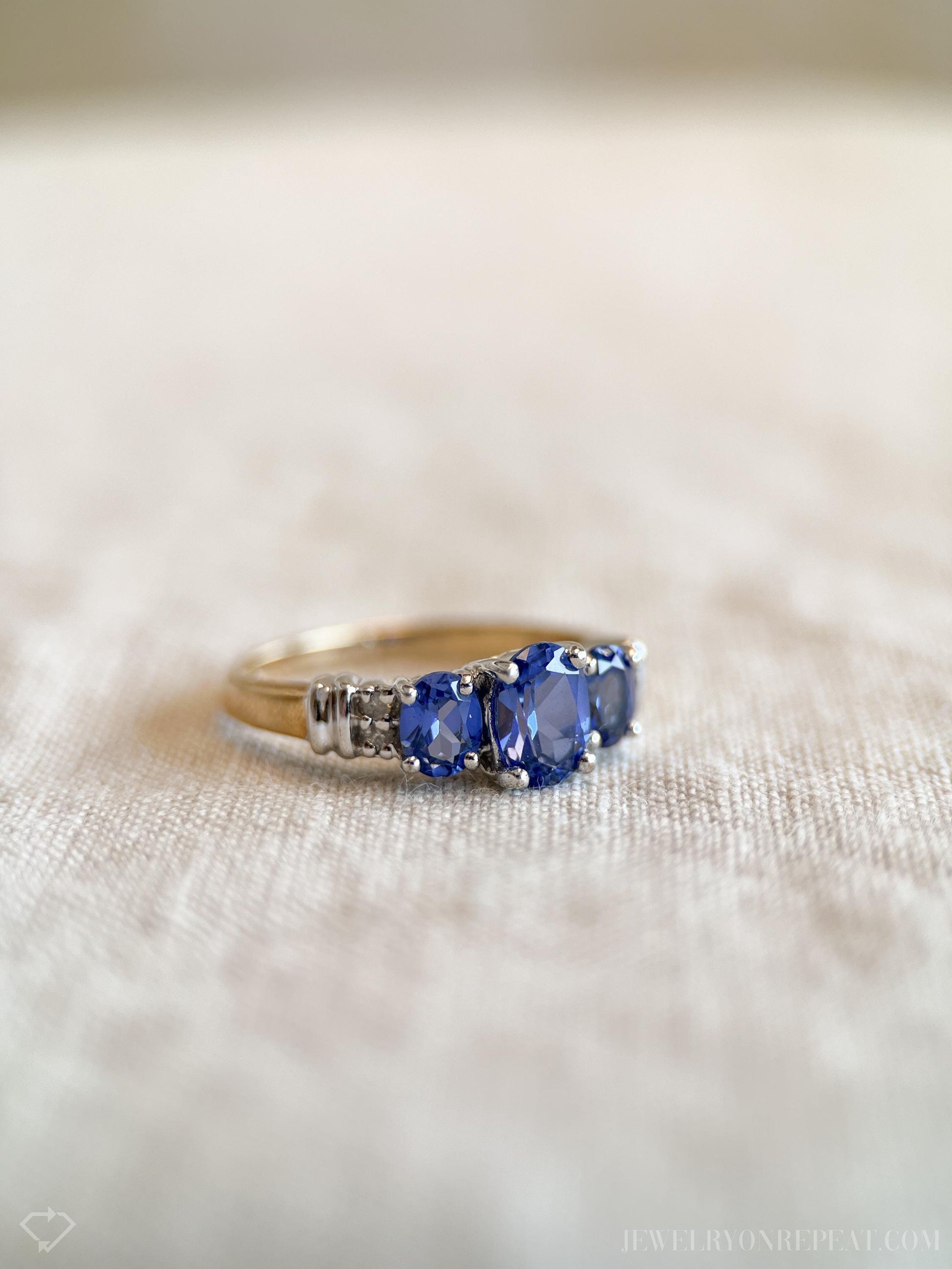 Vintage Sapphire Three Stone Gemstone Ring in 14k Gold, Retro Jewelry from the 1990s - Timeless, Sustainable, @JewelryOnRepeat