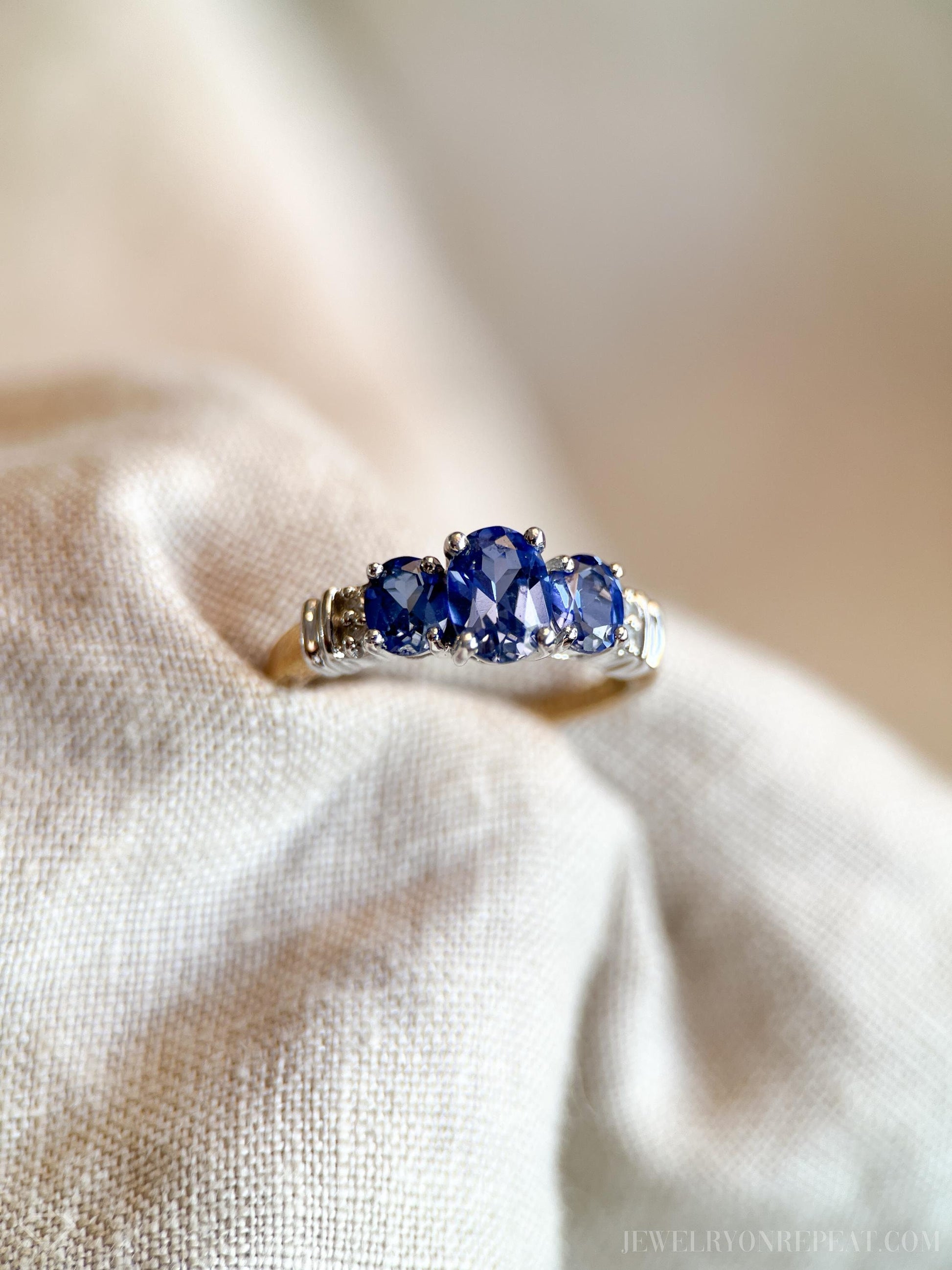 Vintage Sapphire Three Stone Gemstone Ring in 14k Gold, Retro Jewelry from the 1990s - Timeless, Sustainable, @JewelryOnRepeat