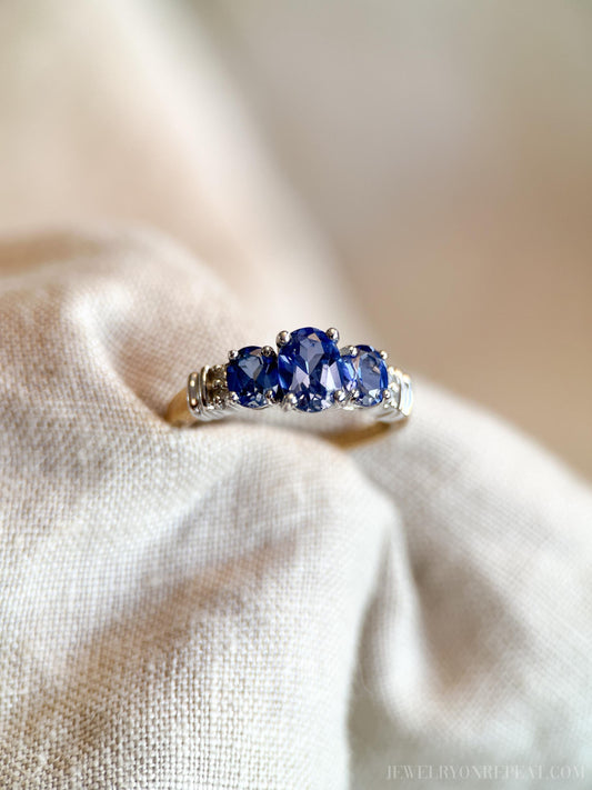 Vintage Sapphire Three Stone Gemstone Ring in 14k Gold, Retro Jewelry from the 1990s - Timeless, Sustainable, @JewelryOnRepeat