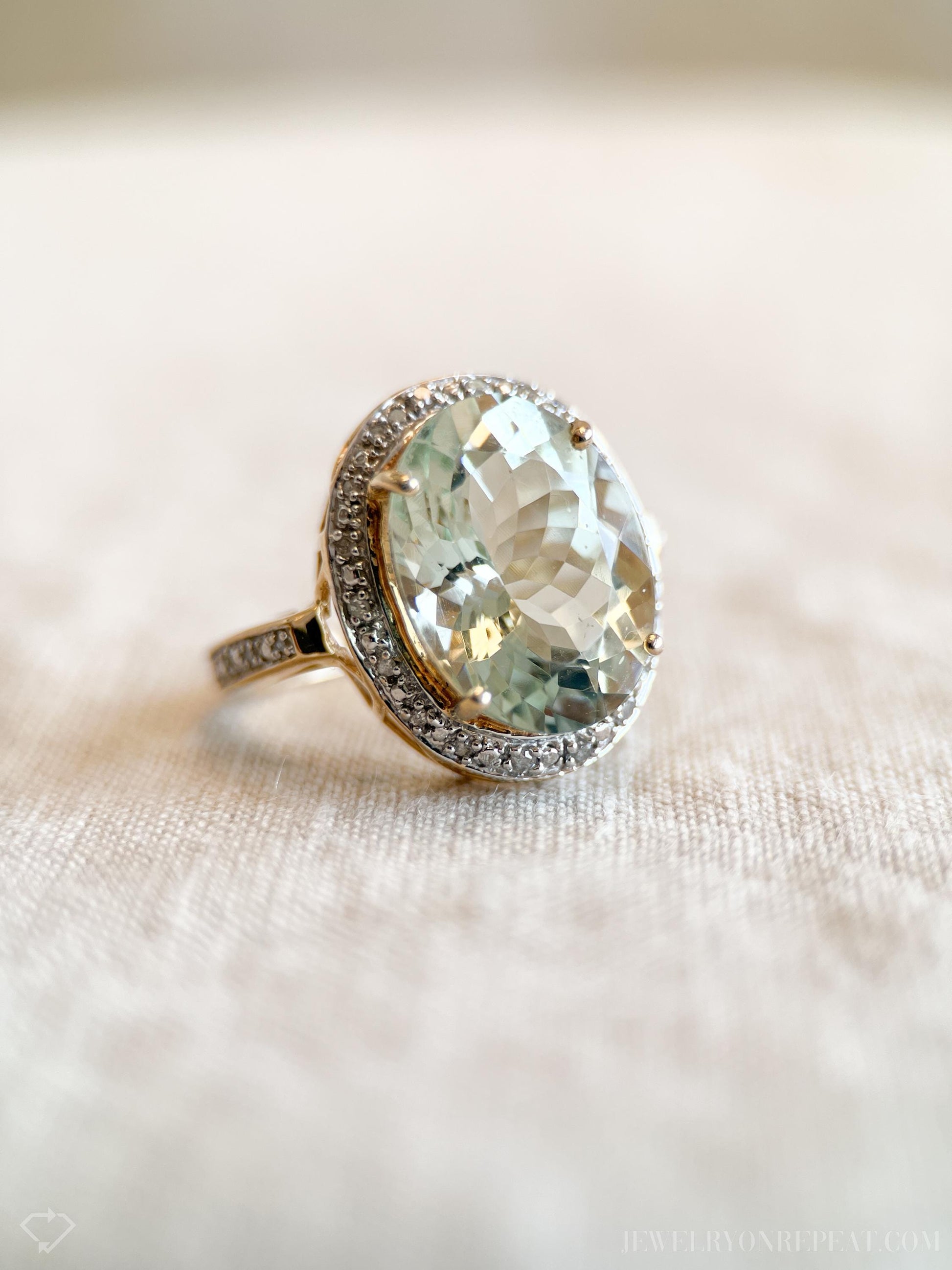 Vintage Green Prasiolite Halo Gemstone Ring in 14k Gold, Retro Jewelry from the 1990s - Timeless, Sustainable, @JewelryOnRepeat