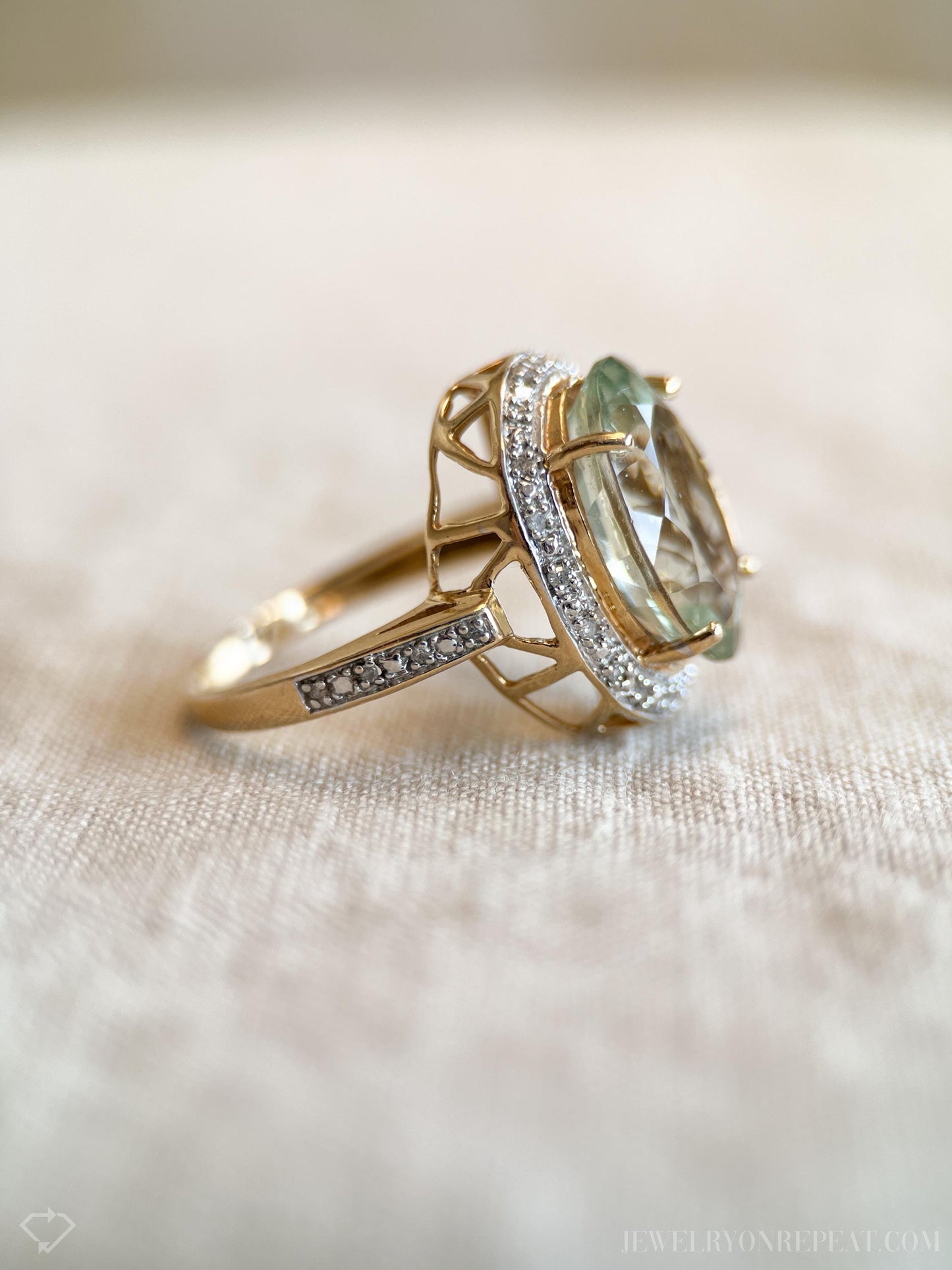 Vintage Green Prasiolite Halo Gemstone Ring in 14k Gold, Retro Jewelry from the 1990s - Timeless, Sustainable, @JewelryOnRepeat