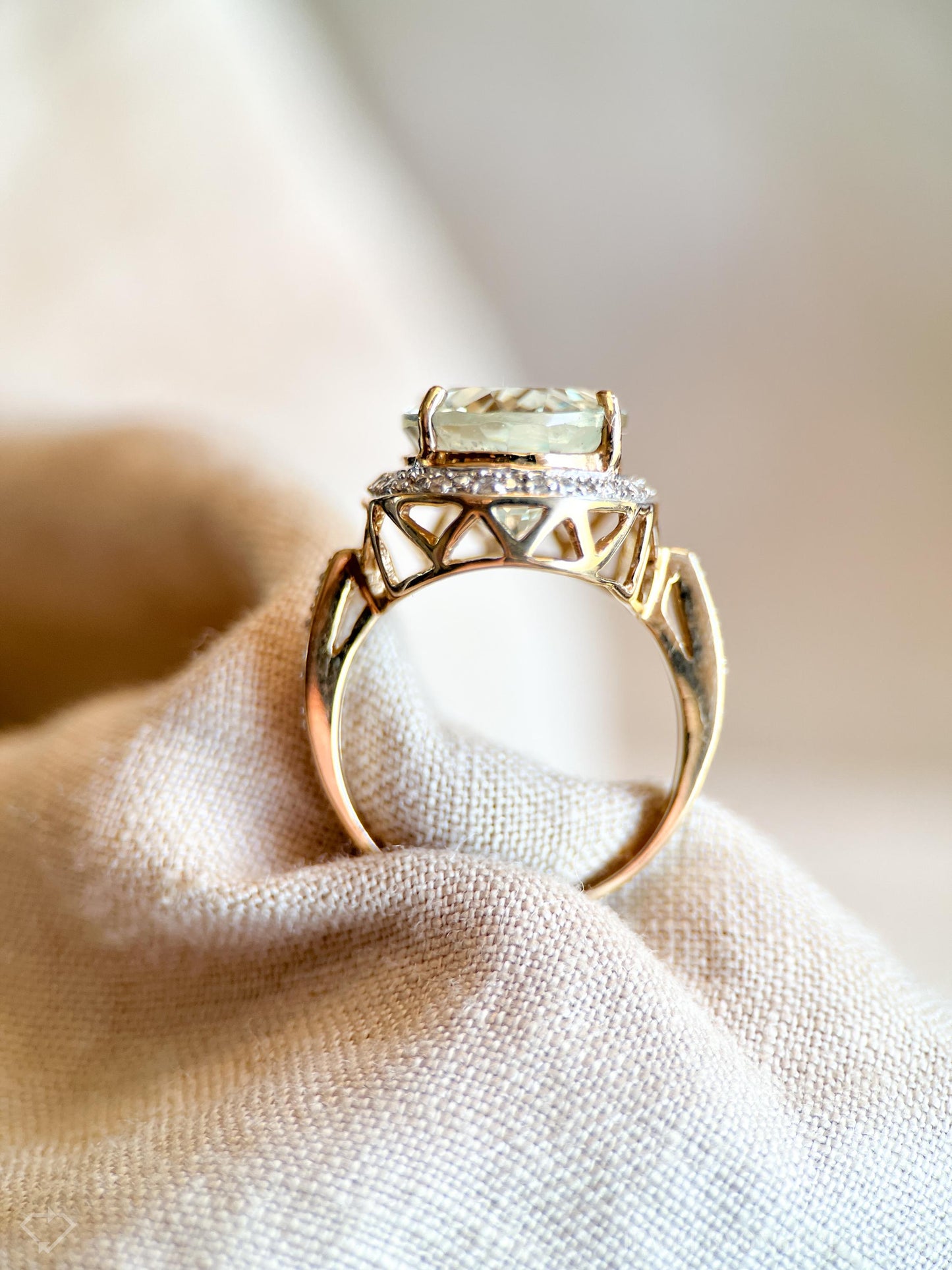 Vintage Green Prasiolite Halo Gemstone Ring in 14k Gold, Retro Jewelry from the 1990s - Timeless, Sustainable, @JewelryOnRepeat