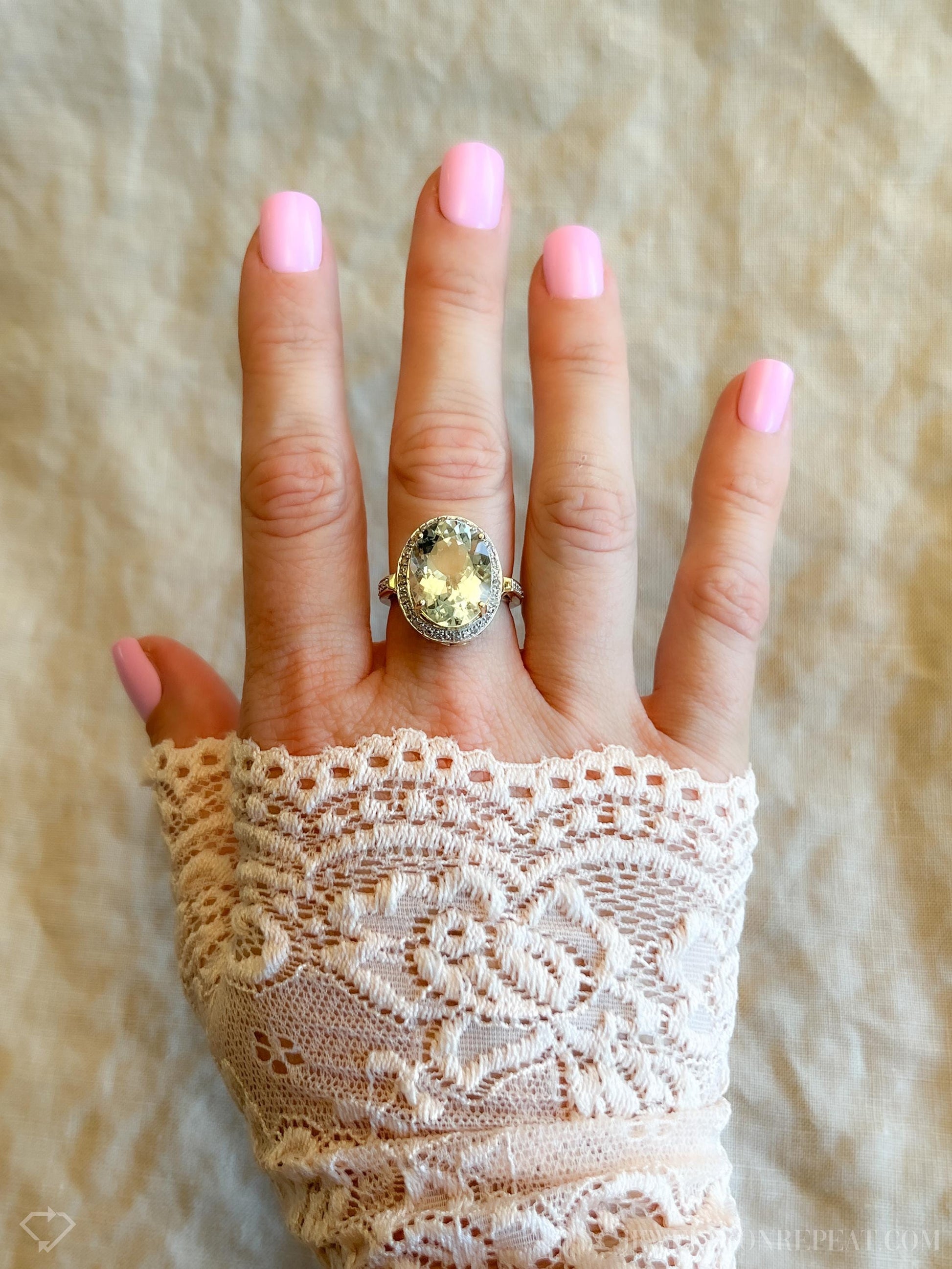 Vintage Green Prasiolite Halo Gemstone Ring in 14k Gold, Retro Jewelry from the 1990s - Timeless, Sustainable, @JewelryOnRepeat