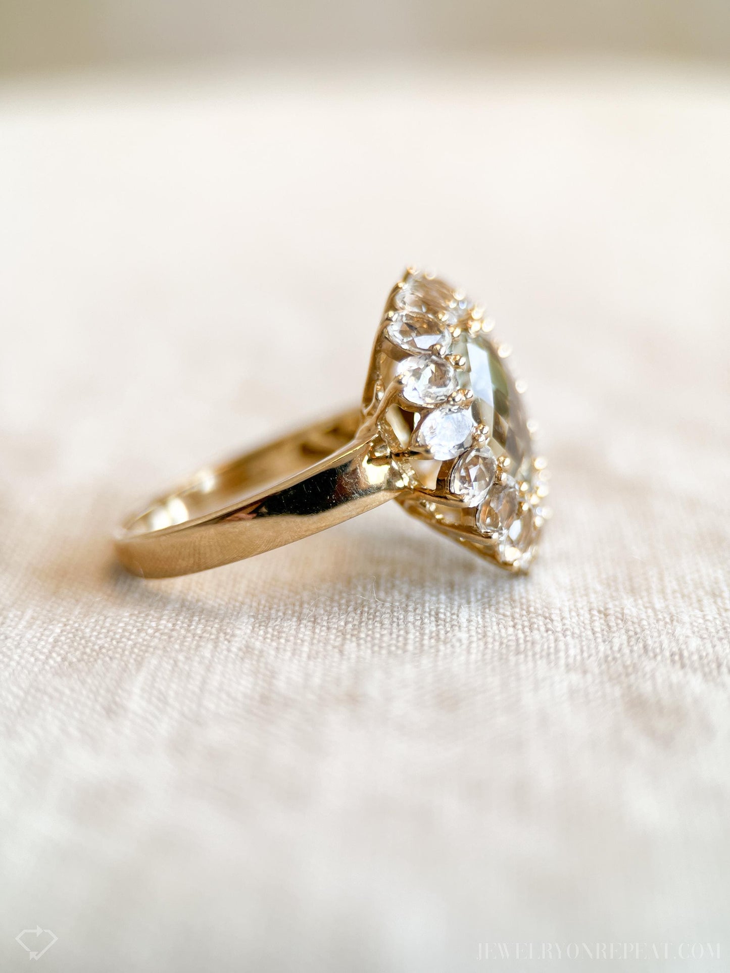 Vintage Heart Cut Green Prasiolite Gemstone Halo Ring in 10k Gold