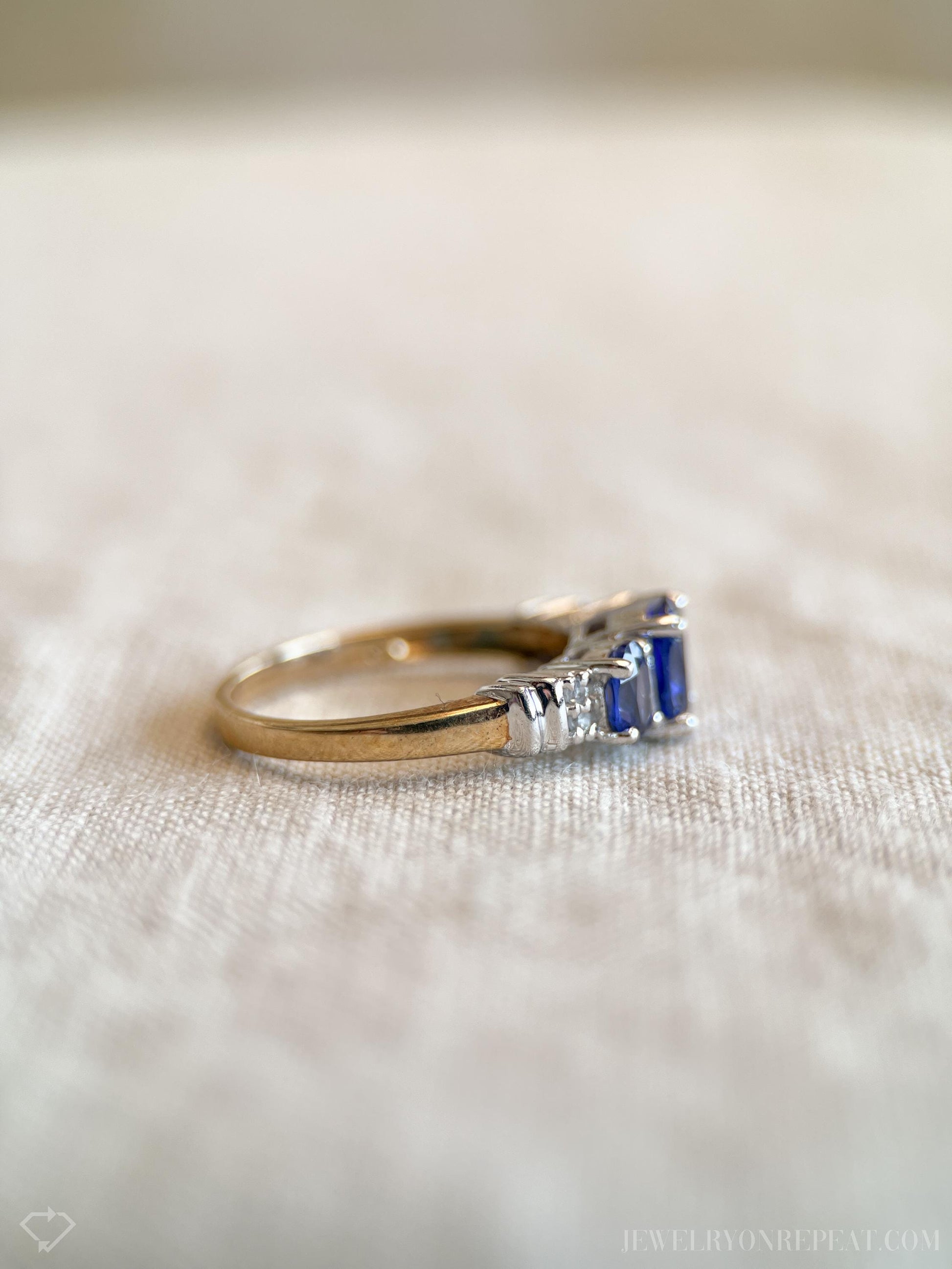 Vintage Sapphire Three Stone Gemstone Ring in 14k Gold, Retro Jewelry from the 1990s - Timeless, Sustainable, @JewelryOnRepeat