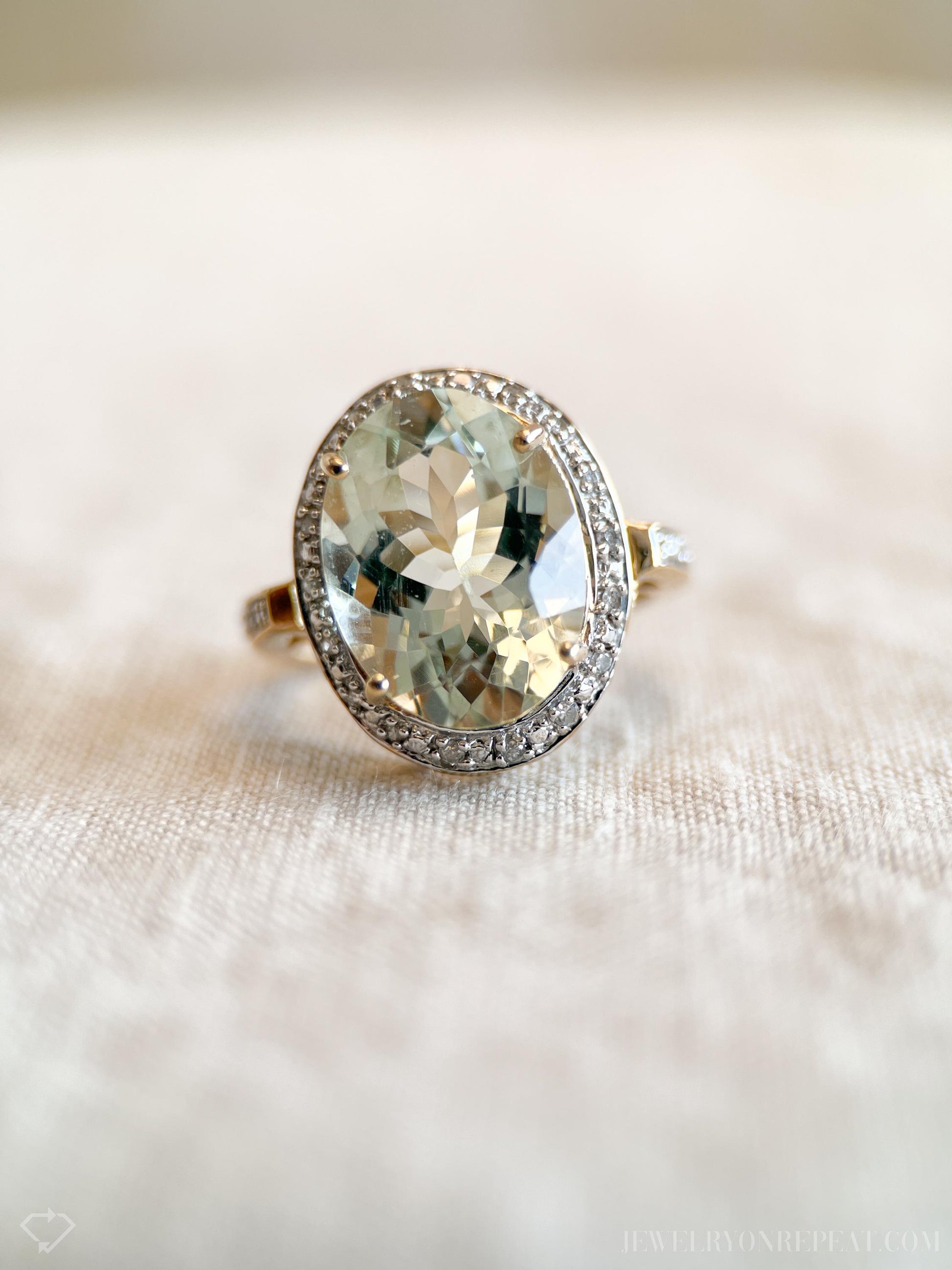 Vintage Green Prasiolite Halo Gemstone Ring in 14k Gold, Retro Jewelry from the 1990s - Timeless, Sustainable, @JewelryOnRepeat