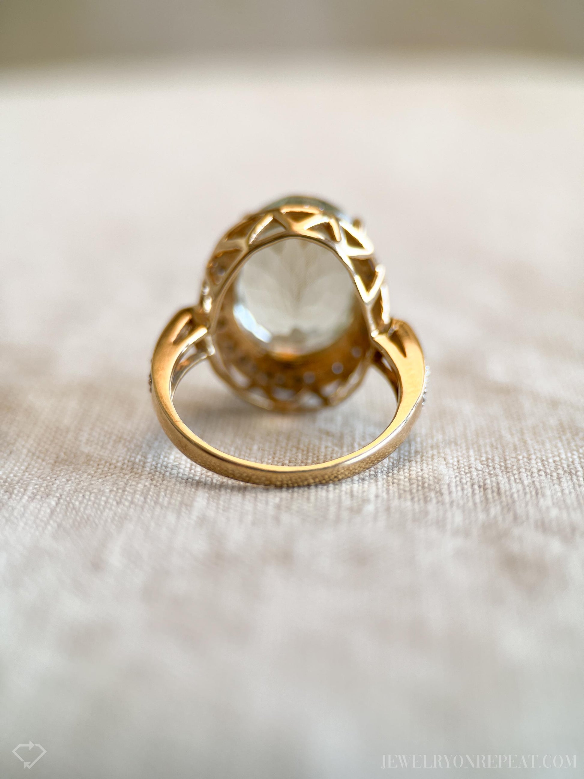 Vintage Green Prasiolite Halo Gemstone Ring in 14k Gold, Retro Jewelry from the 1990s - Timeless, Sustainable, @JewelryOnRepeat