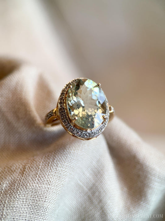 Vintage Green Prasiolite Halo Gemstone Ring in 14k Gold, Retro Jewelry from the 1990s - Timeless, Sustainable, @JewelryOnRepeat