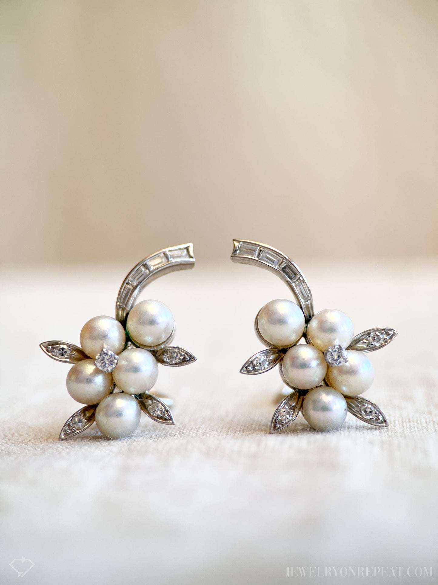 Vintage Pearl and Diamond Clip On Earrings in 14k White Gold, Antique Jewelry from the 1950s - Timeless, Sustainable, @JewelryOnRepeat