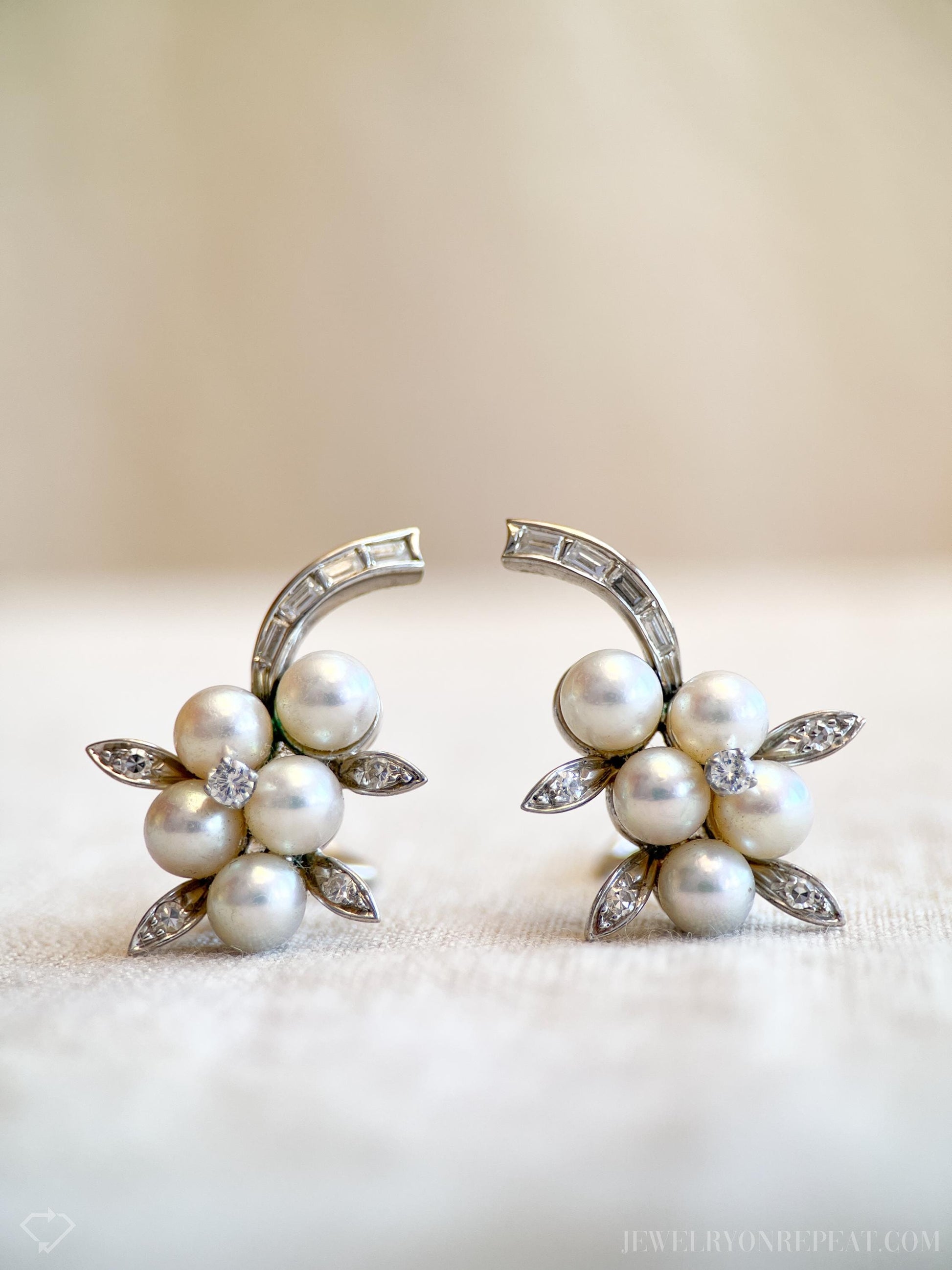 Vintage Pearl and Diamond Clip On Earrings in 14k White Gold, Antique Jewelry from the 1950s - Timeless, Sustainable, @JewelryOnRepeat