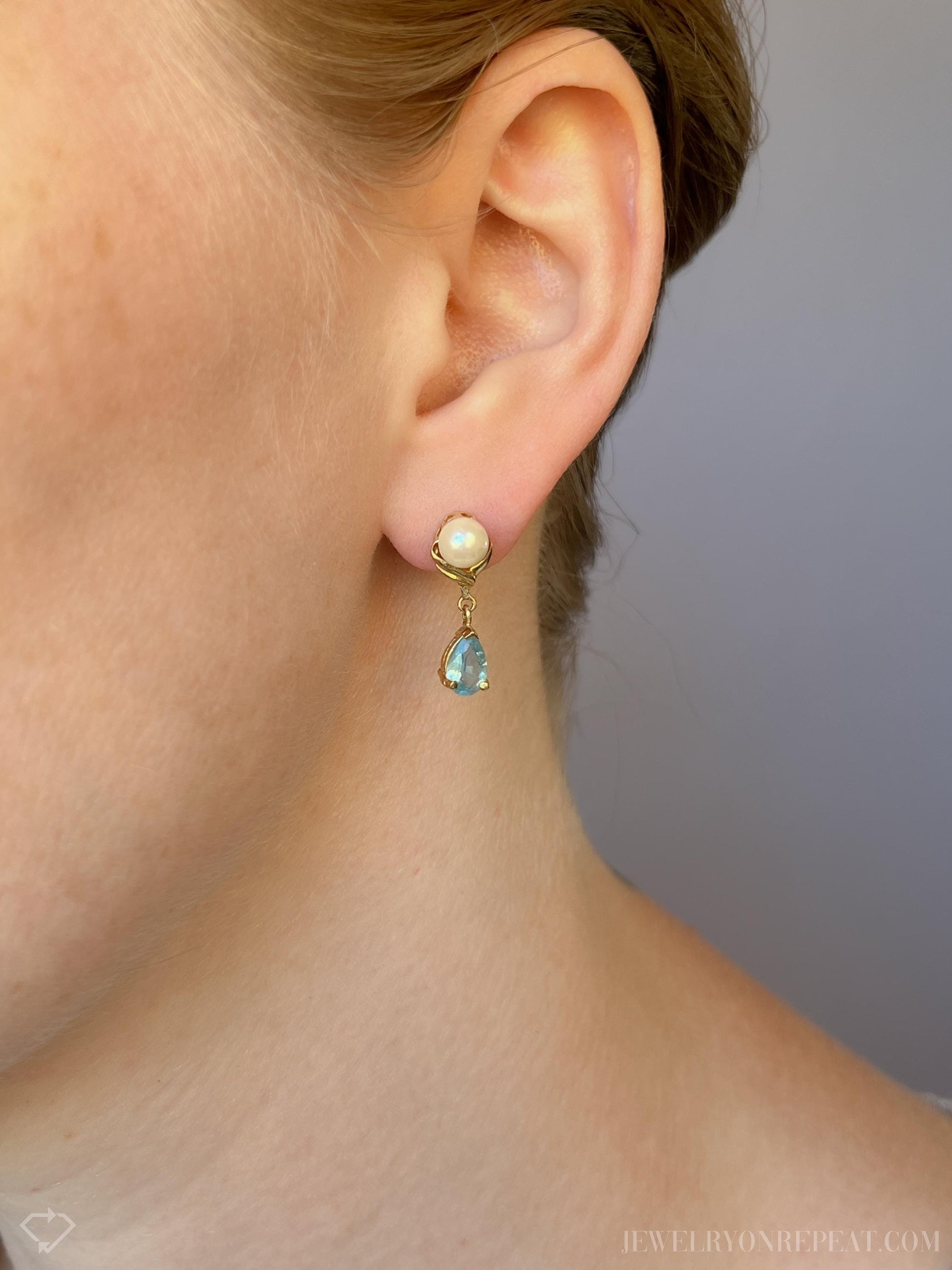 Vintage Blue Topaz and Pearl Dangle Earrings in 14k Gold, Retro Jewelry from the 1990s - Timeless, Sustainable, @JewelryOnRepeat