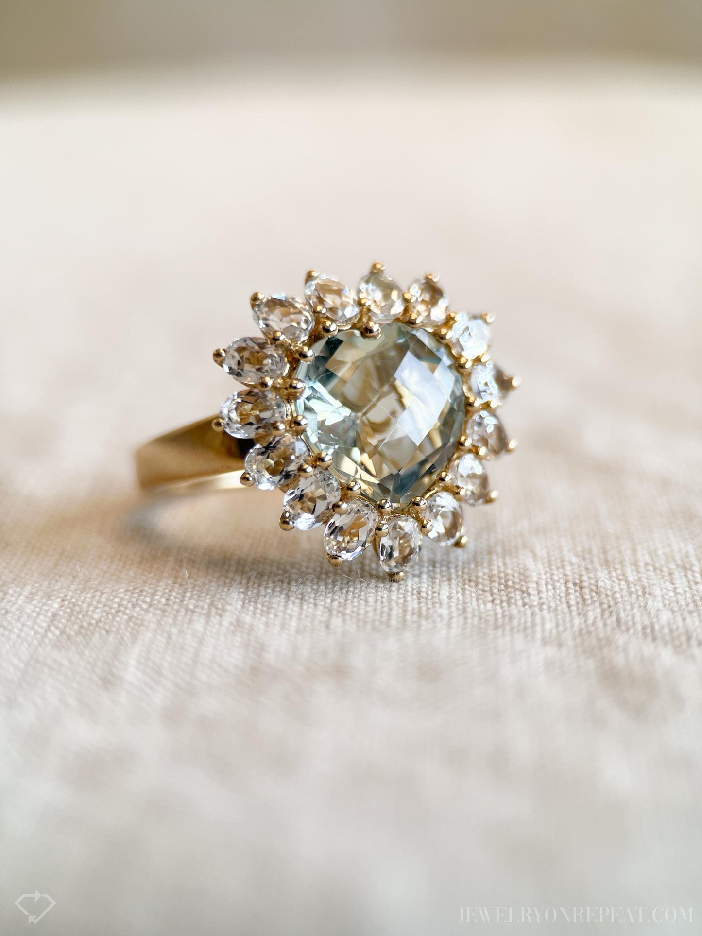 Vintage Heart Cut Green Prasiolite Gemstone Halo Ring in 10k Gold