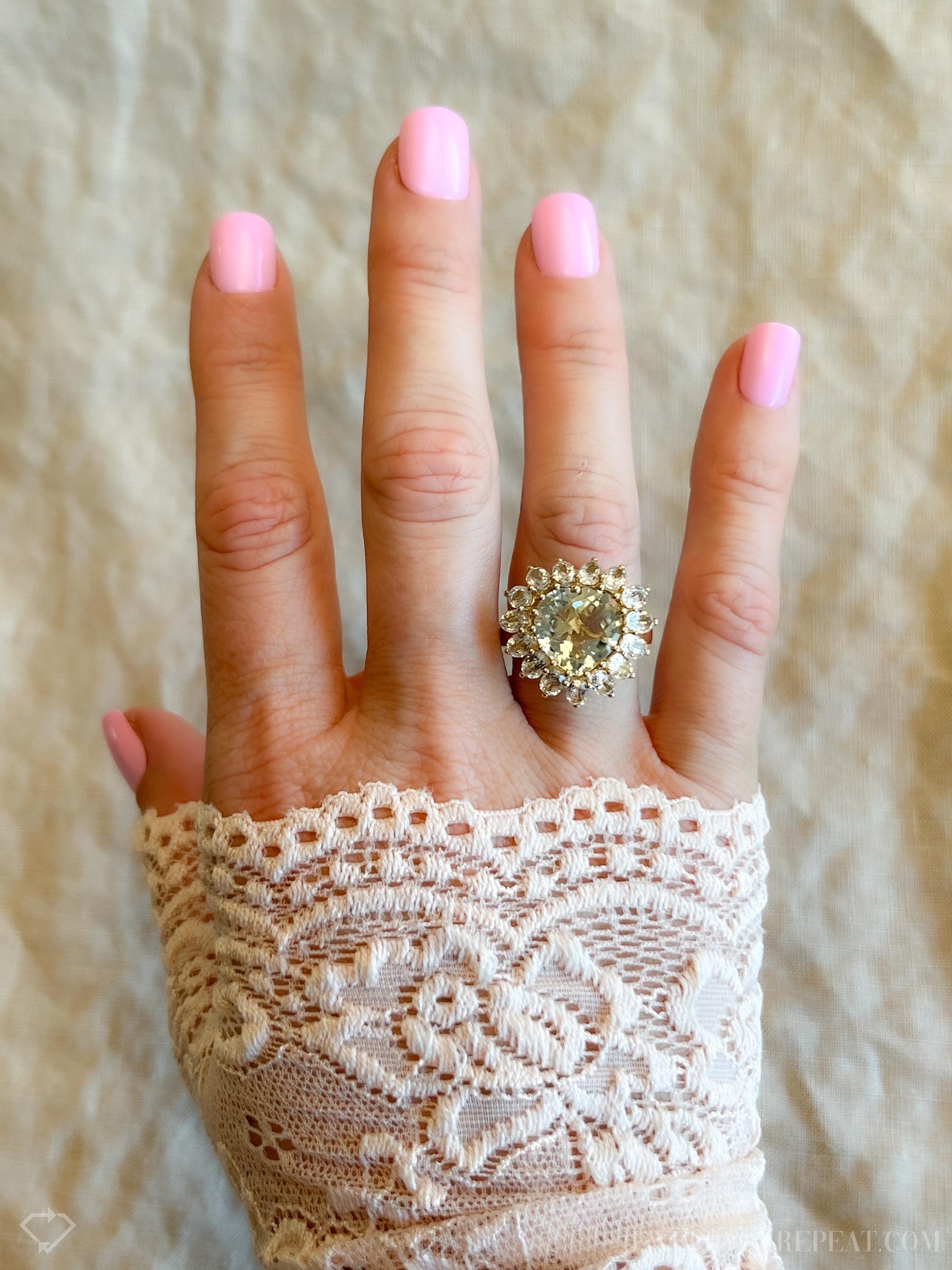Vintage Heart Cut Green Prasiolite Gemstone Halo Ring in 10k Gold, Retro Jewelry from the 1990s - Timeless, Sustainable, @JewelryOnRepeat