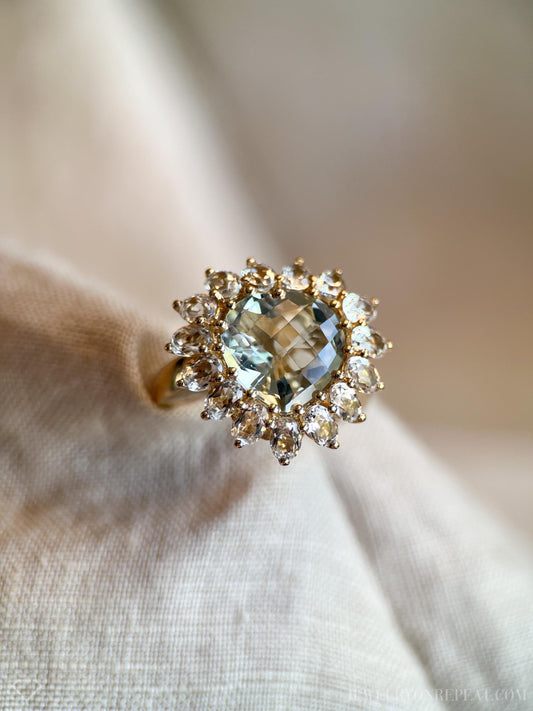Vintage Heart Cut Green Prasiolite Gemstone Halo Ring in 10k Gold, Retro Jewelry from the 1990s - Timeless, Sustainable, @JewelryOnRepeat