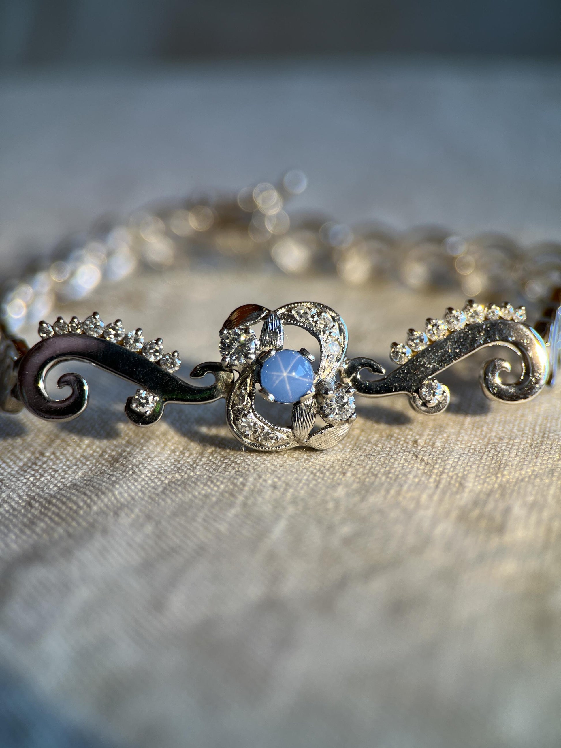 Vintage Star Sapphire Gemstone Bracelet in 14k White Gold