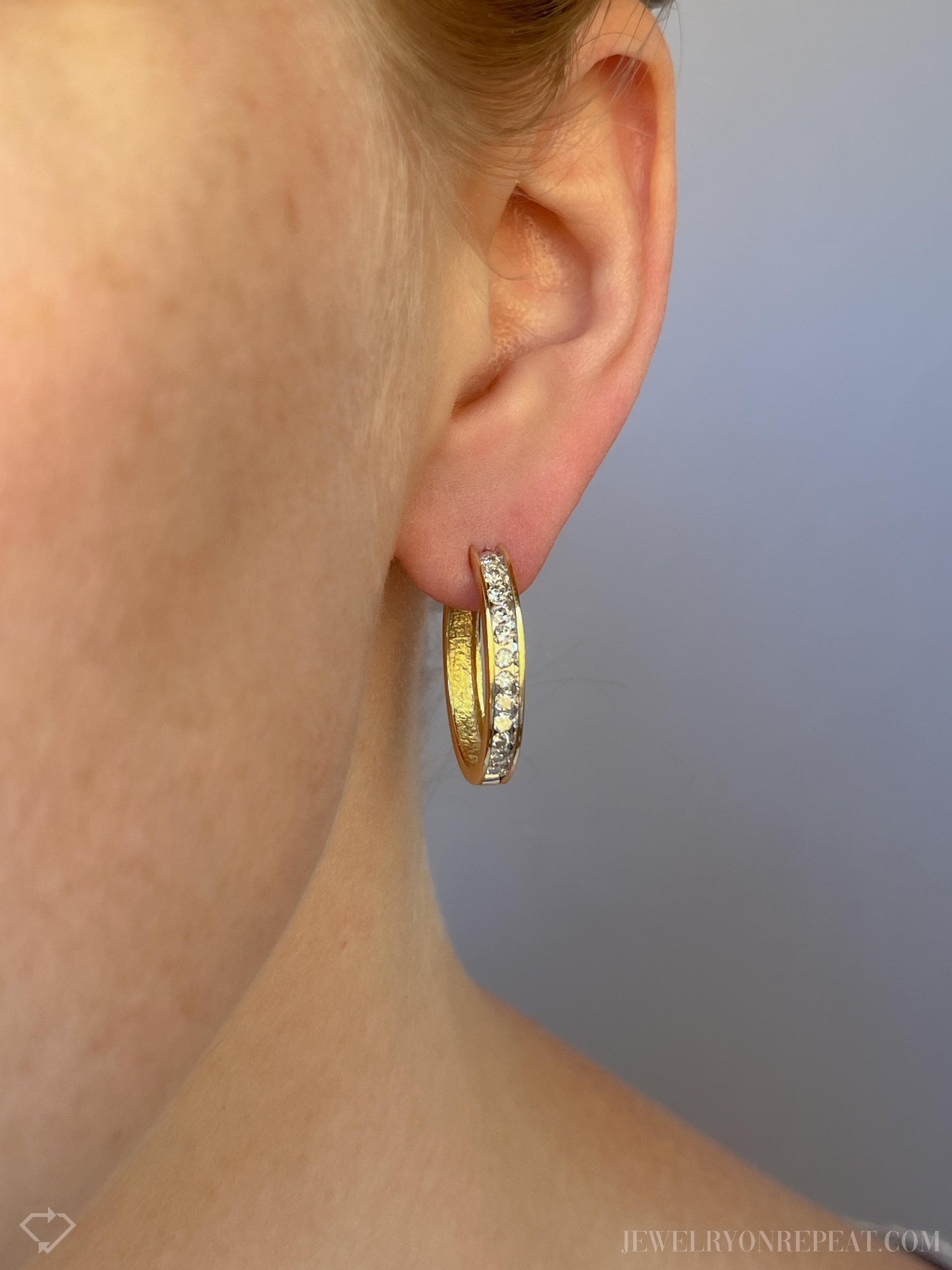 Vintage Diamond Oval Hoop Earrings in 14k Gold