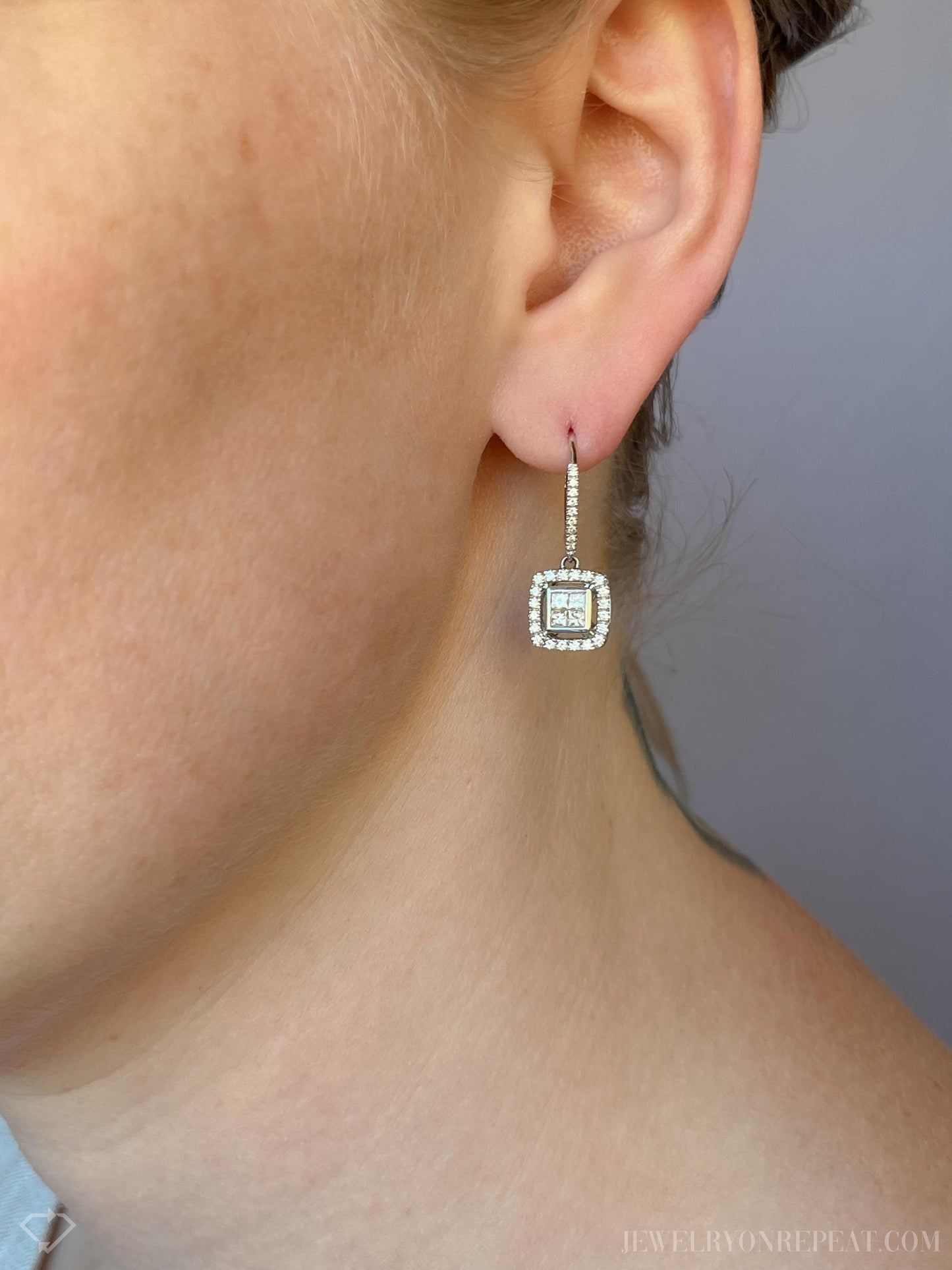 Vintage Diamond Halo Dangle Earrings in 14k White Gold