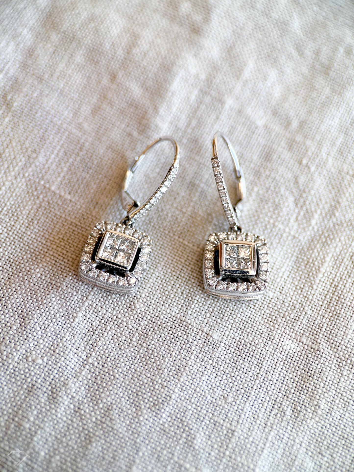 Vintage Diamond Halo Dangle Earrings in 14k White Gold