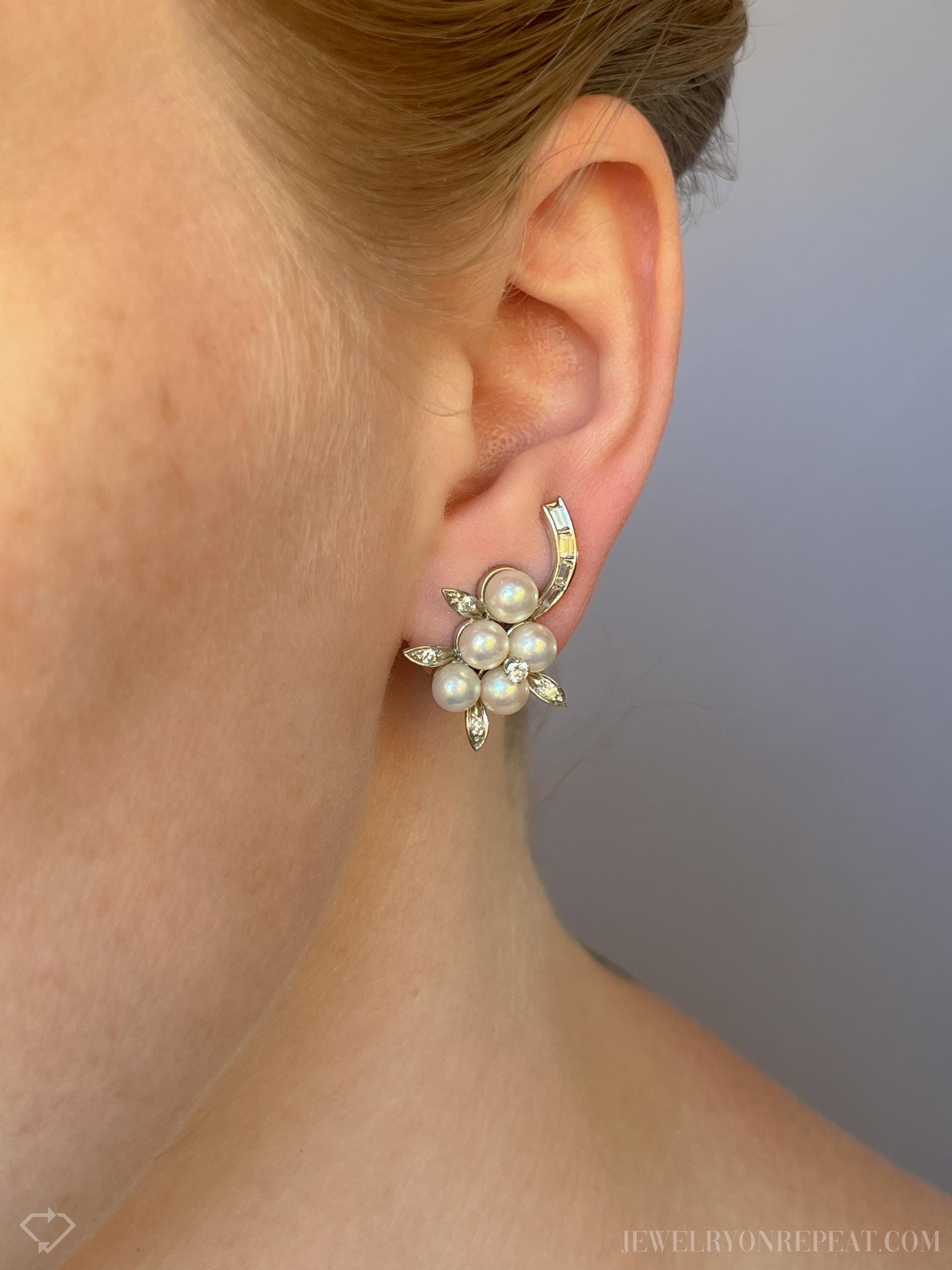 Vintage Pearl and Diamond Clip On Earrings in 14k White Gold, Antique Jewelry from the 1950s - Timeless, Sustainable, @JewelryOnRepeat