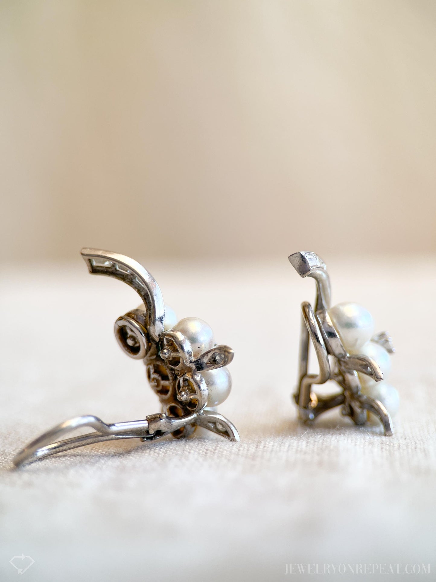 Vintage Pearl and Diamond Clip On Earrings in 14k White Gold, Antique Jewelry from the 1950s - Timeless, Sustainable, @JewelryOnRepeat