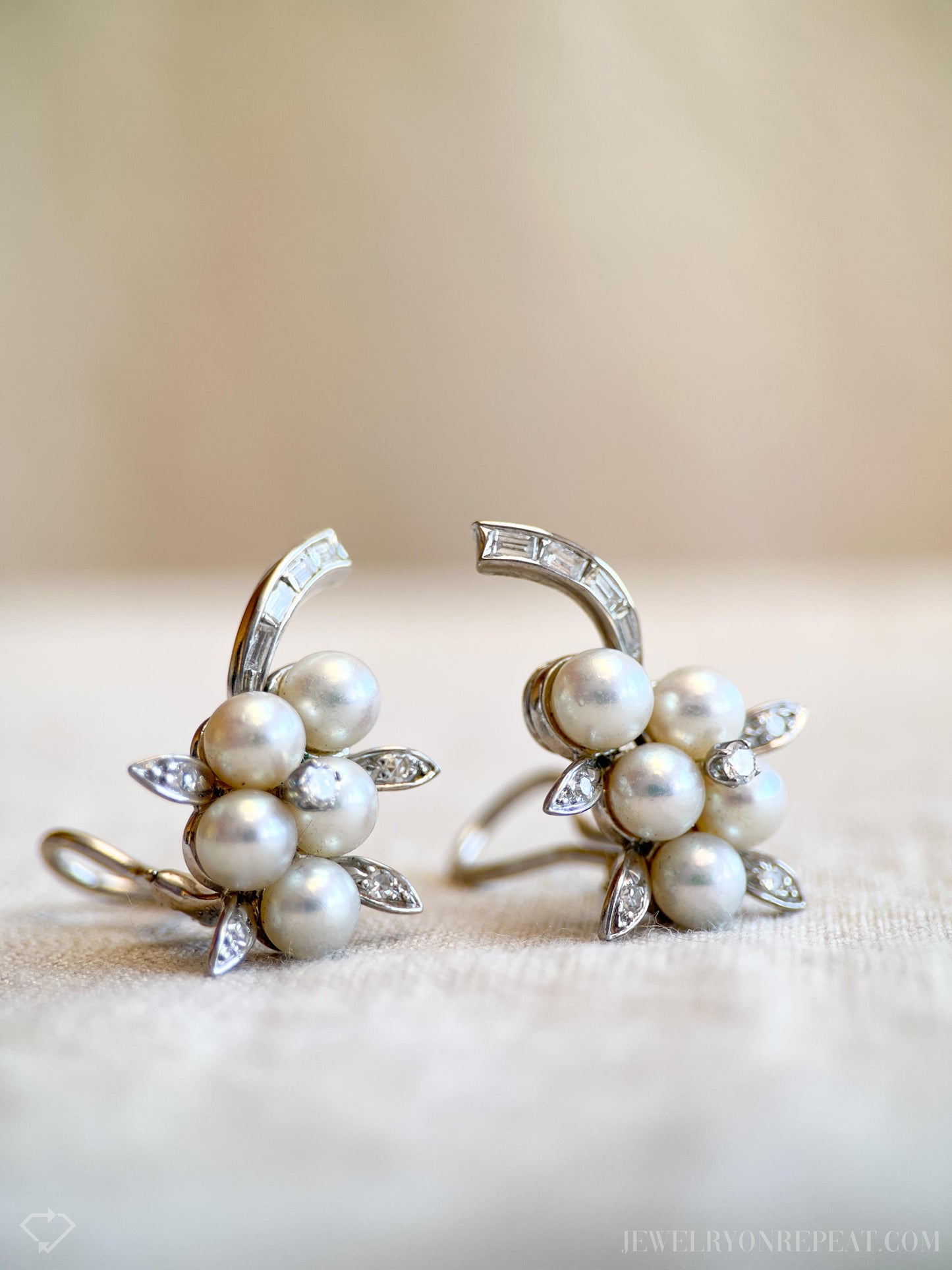 Vintage Pearl and Diamond Clip On Earrings in 14k White Gold, Antique Jewelry from the 1950s - Timeless, Sustainable, @JewelryOnRepeat