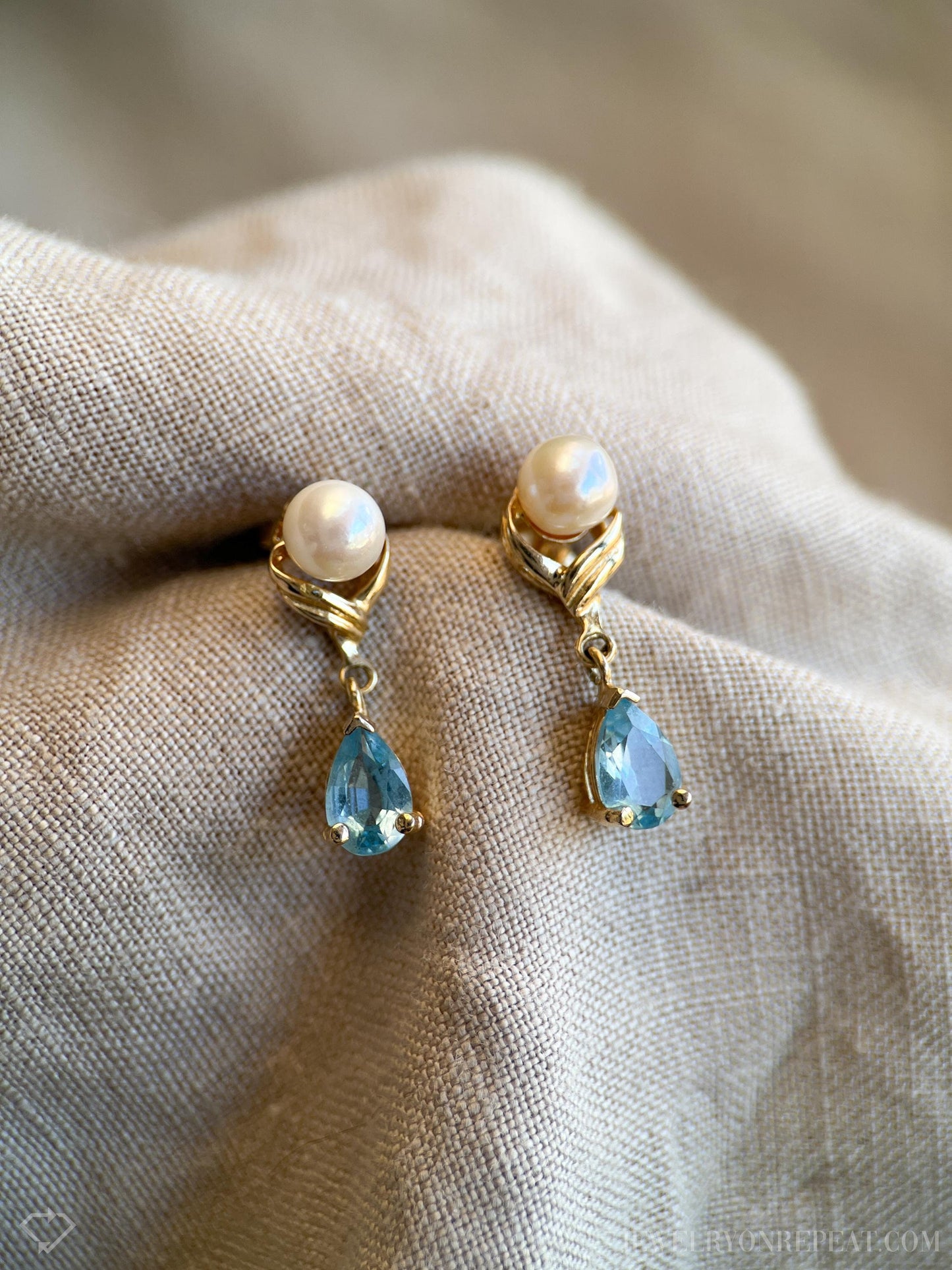 Vintage Blue Topaz and Pearl Dangle Earrings in 14k Gold, Retro Jewelry from the 1990s - Timeless, Sustainable, @JewelryOnRepeat