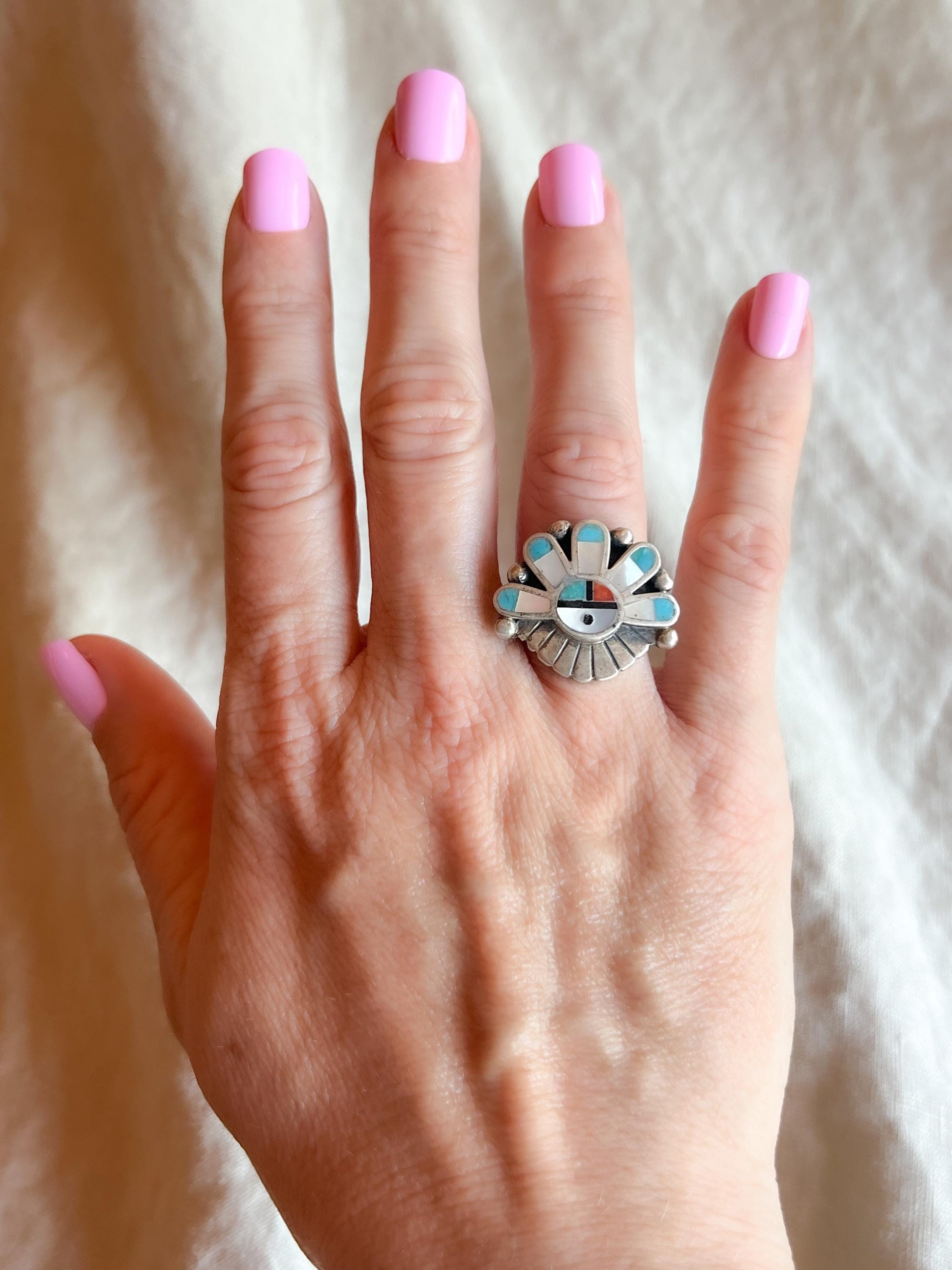 Vintage Zuni Sun Face Gemstone Ring in Sterling Silver