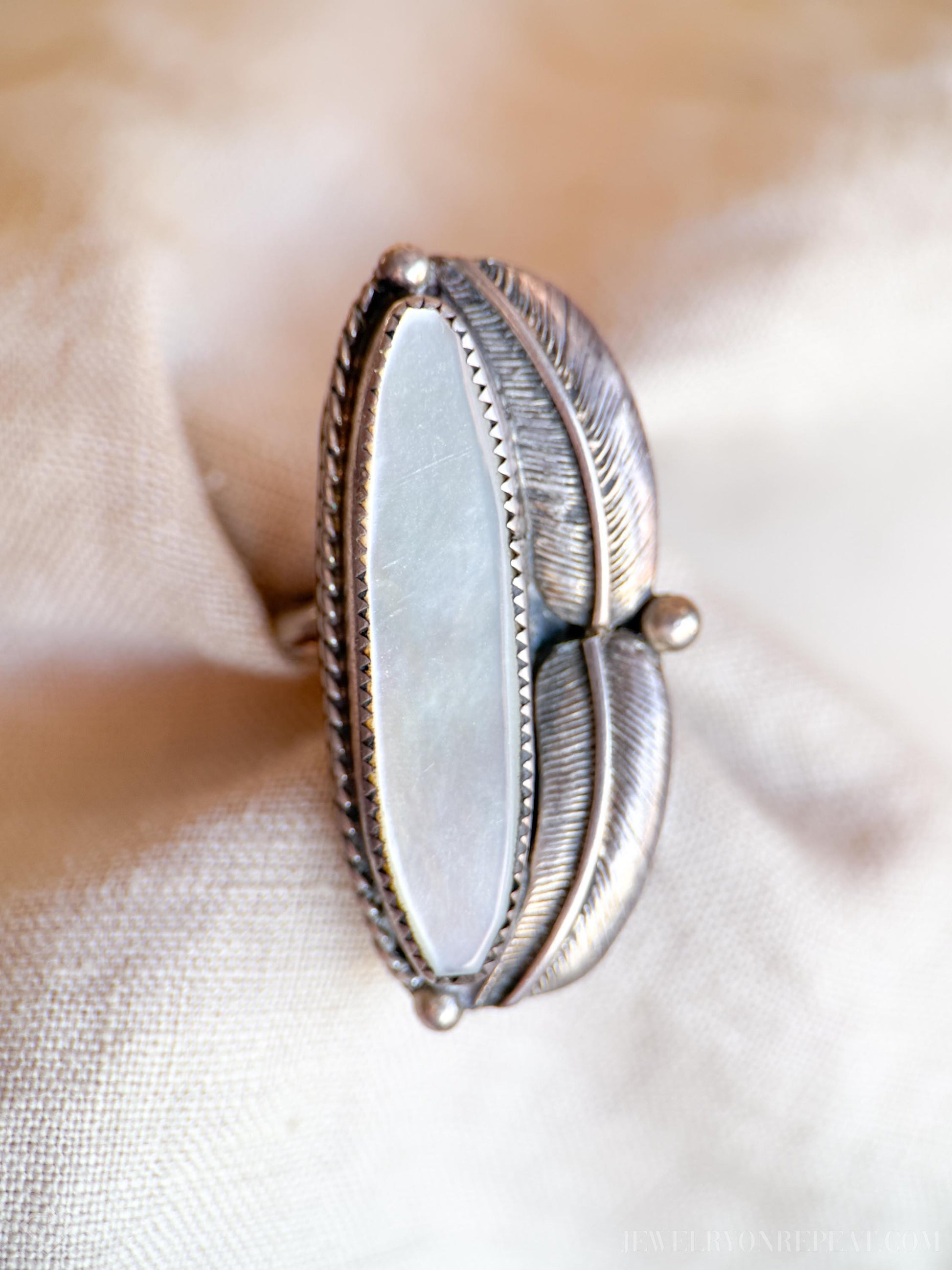 Vintage Mother of Pearl Large Floral Gemstone Ring in Sterling Silver