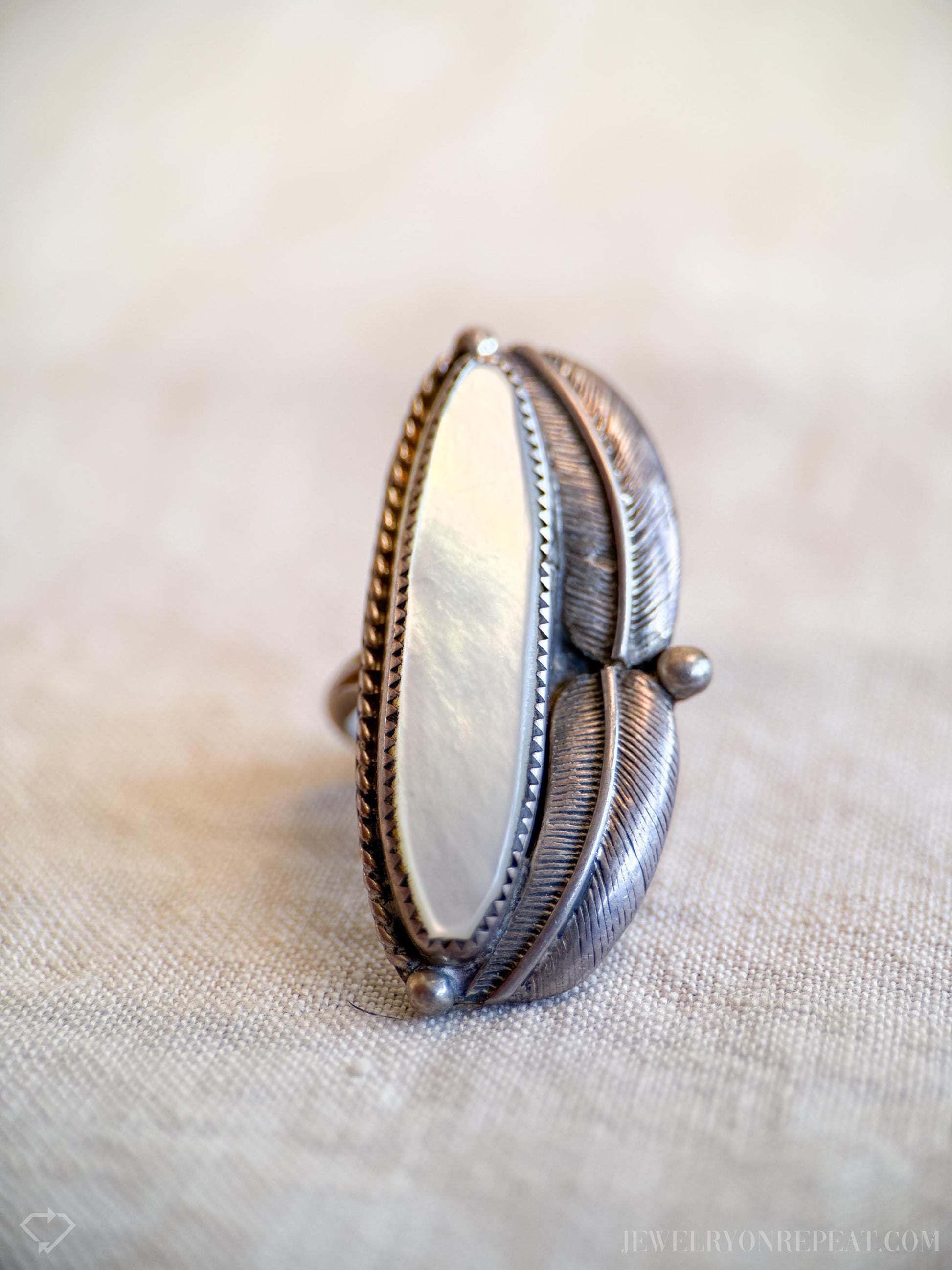 Vintage Mother of Pearl Large Floral Gemstone Ring in Sterling Silver