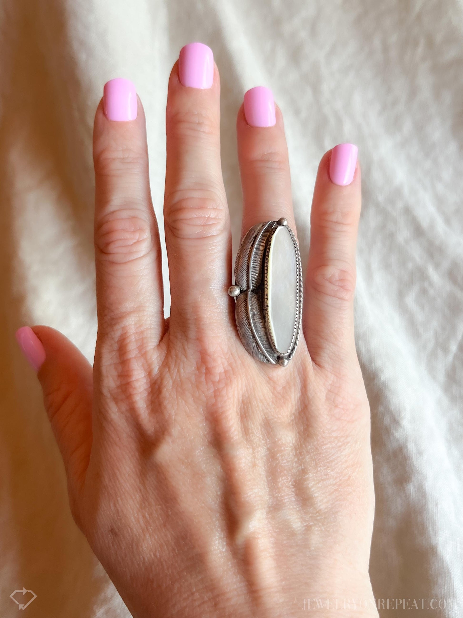Vintage Mother of Pearl Large Floral Gemstone Ring in Sterling Silver
