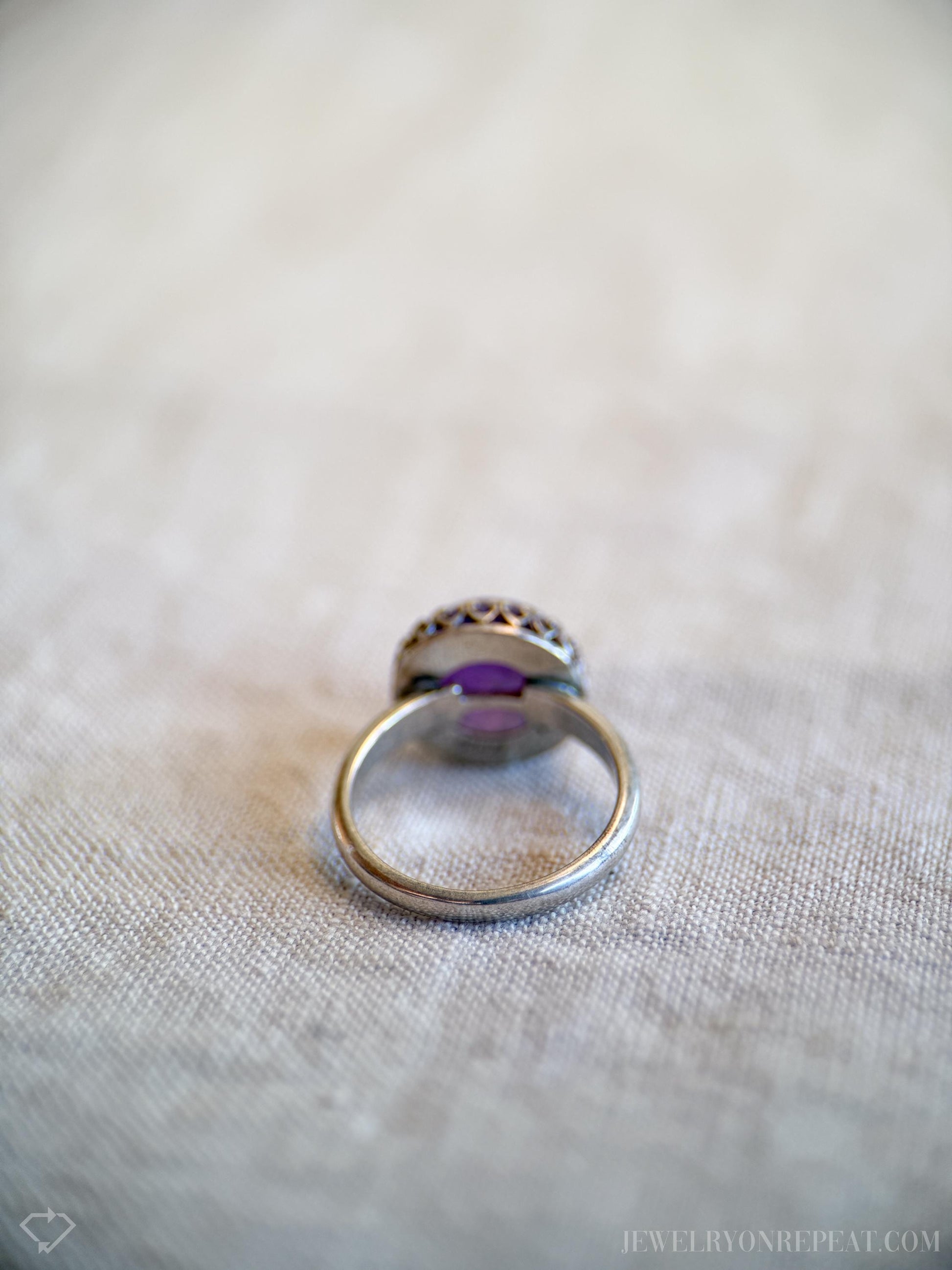 Vintage Amethyst Gemstone Halo Ring in Sterling Silver