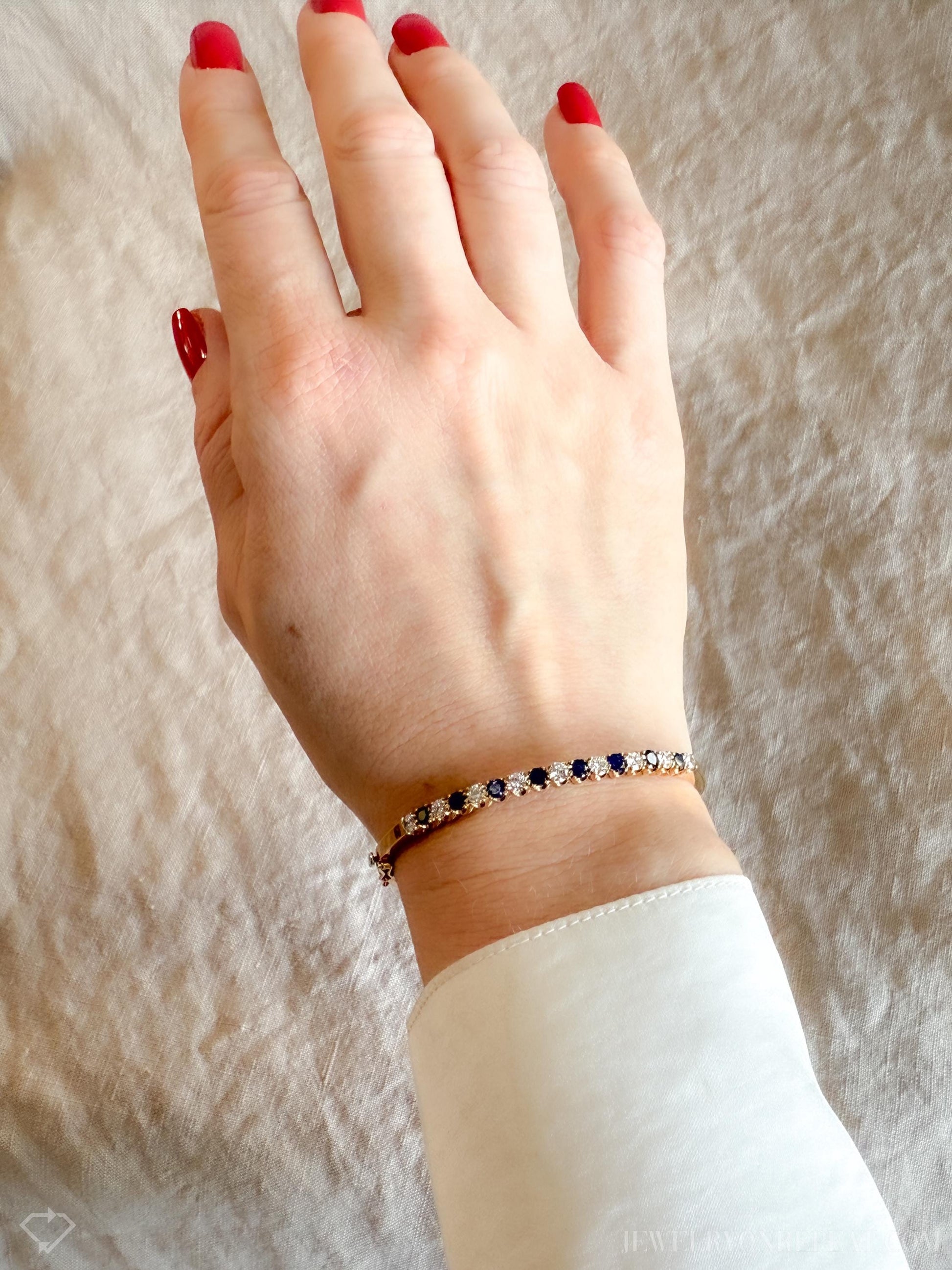 Vintage Diamond and Sapphire Hinged Bangle Bracelet in 18k Gold, Retro Jewelry from the 1990s - Timeless, Sustainable, @JewelryOnRepeat