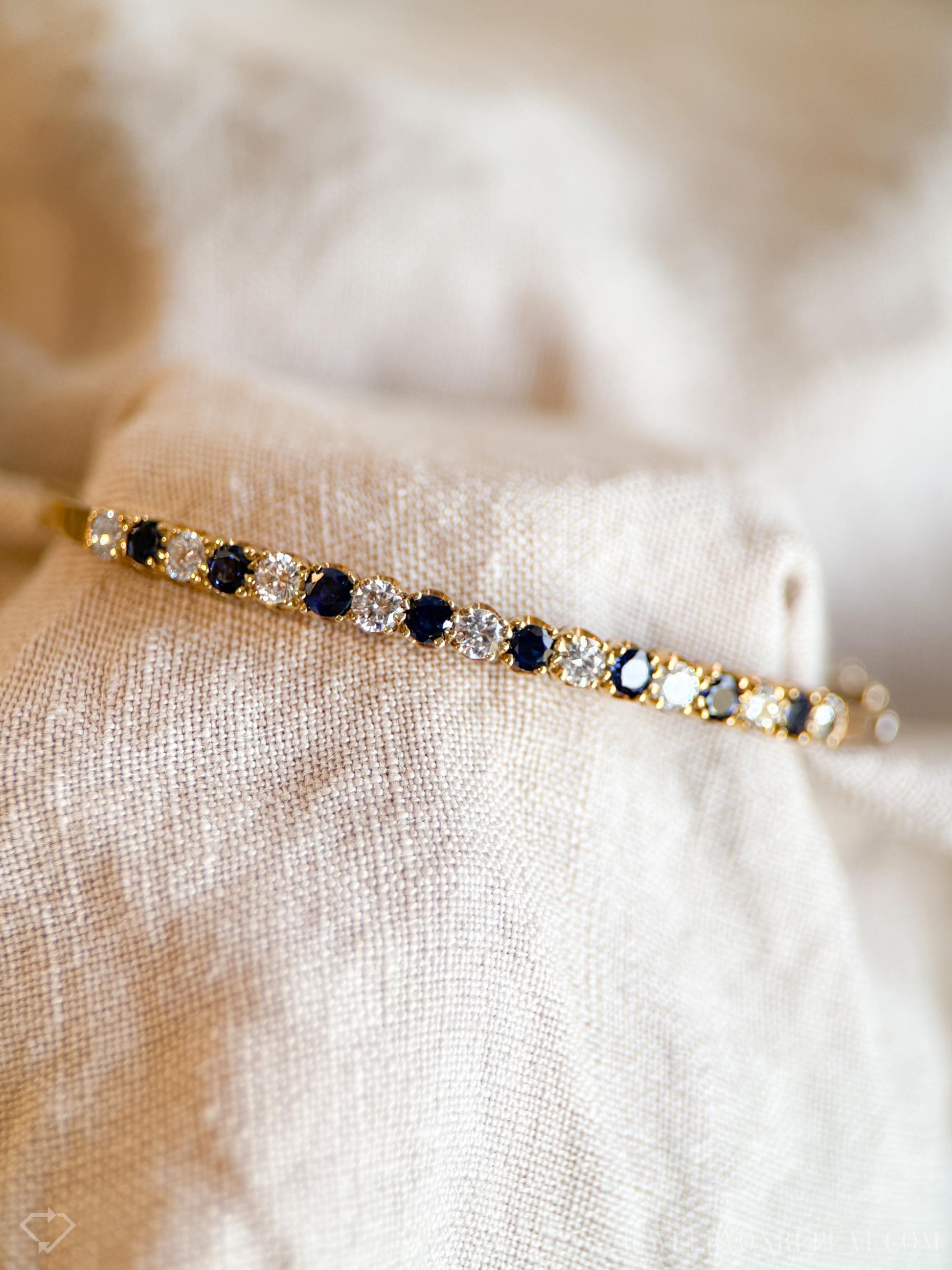 Vintage Diamond and Sapphire Hinged Bangle Bracelet in 18k Gold, Retro Jewelry from the 1990s - Timeless, Sustainable, @JewelryOnRepeat