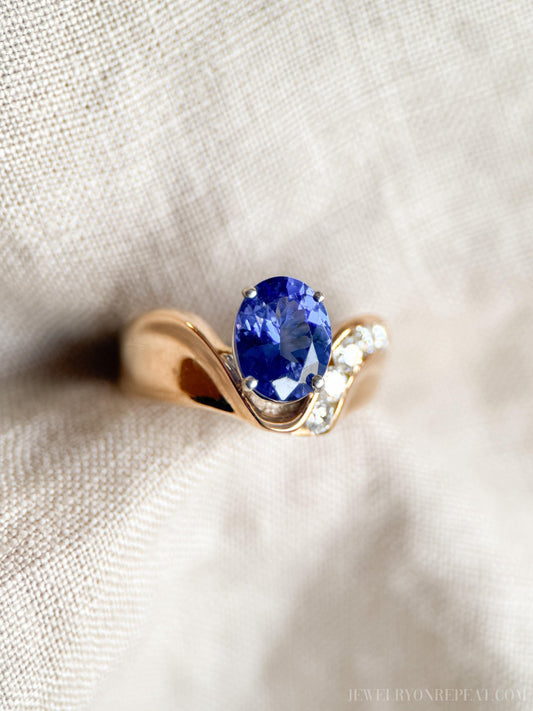 Vintage 14k Gold Tanzanite Diamond Ring - 1990s Retro Gemstone Jewelry