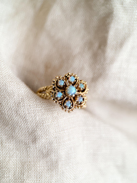 Vintage Opal and Floral Halo Ring in 14k Gold, Antique Jewelry from the 1970s - Timeless, Sustainable, @JewelryOnRepeat