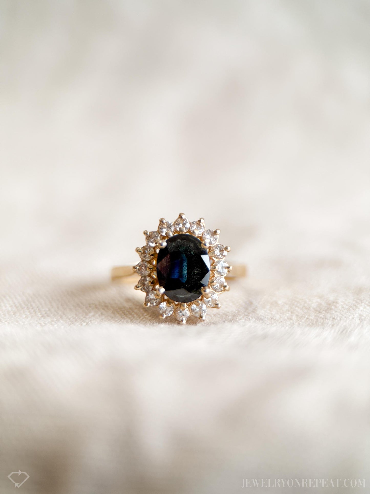 Vintage Sapphire Diamond Halo Gemstone Ring in 14k Gold, Retro Jewelry from the 1990s - Timeless, Sustainable, @JewelryOnRepeat