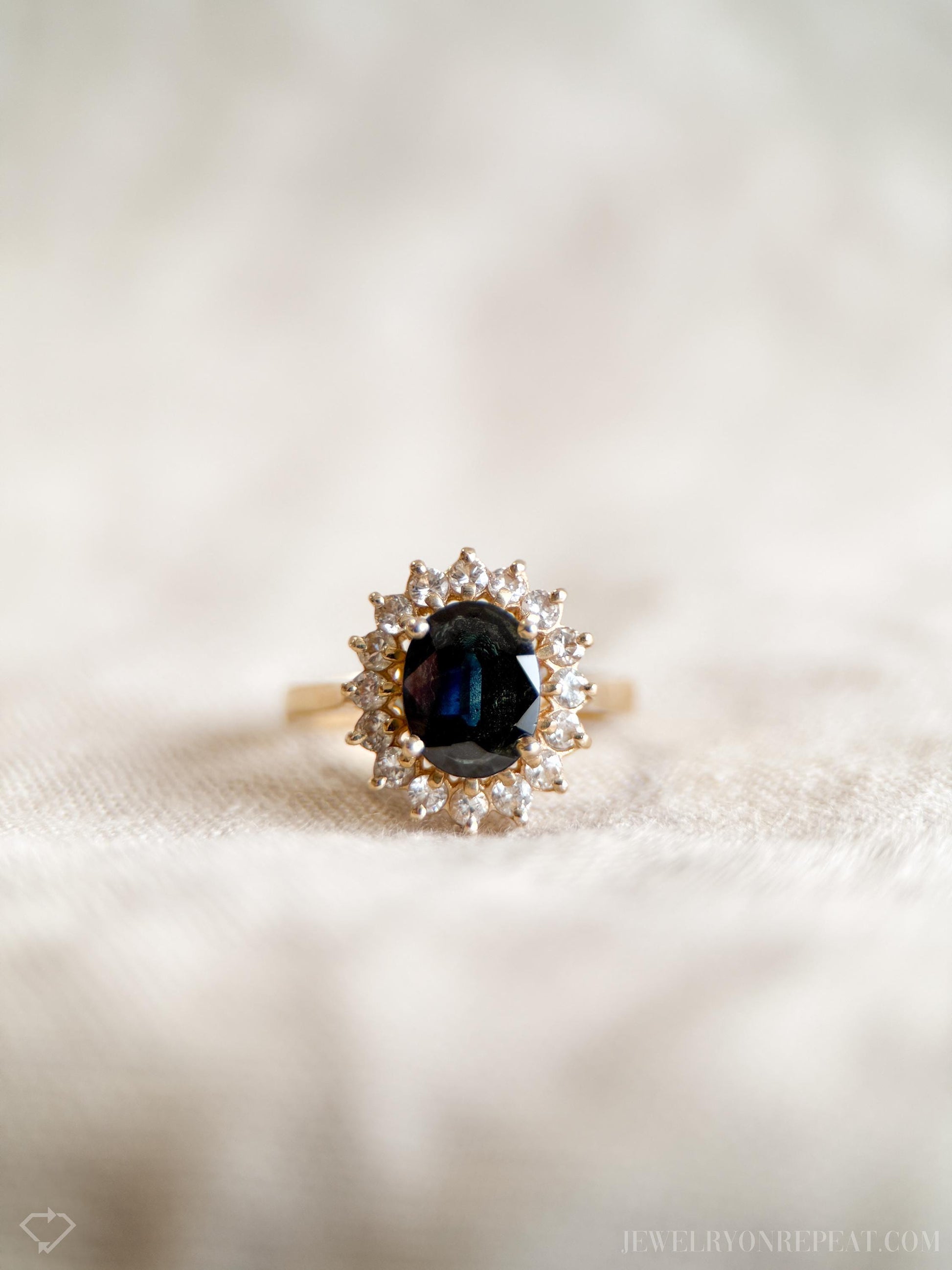 Vintage Sapphire Diamond Halo Gemstone Ring in 14k Gold, Retro Jewelry from the 1990s - Timeless, Sustainable, @JewelryOnRepeat