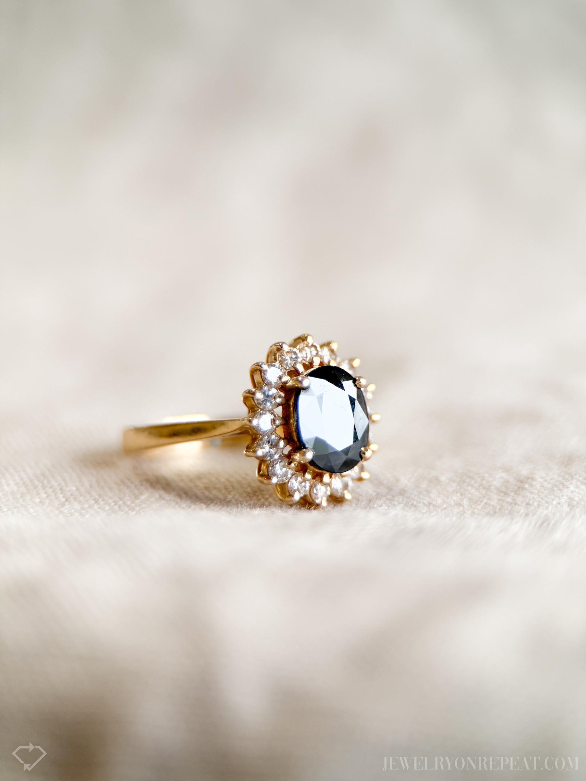 Vintage Sapphire Diamond Halo Gemstone Ring in 14k Gold, Retro Jewelry from the 1990s - Timeless, Sustainable, @JewelryOnRepeat