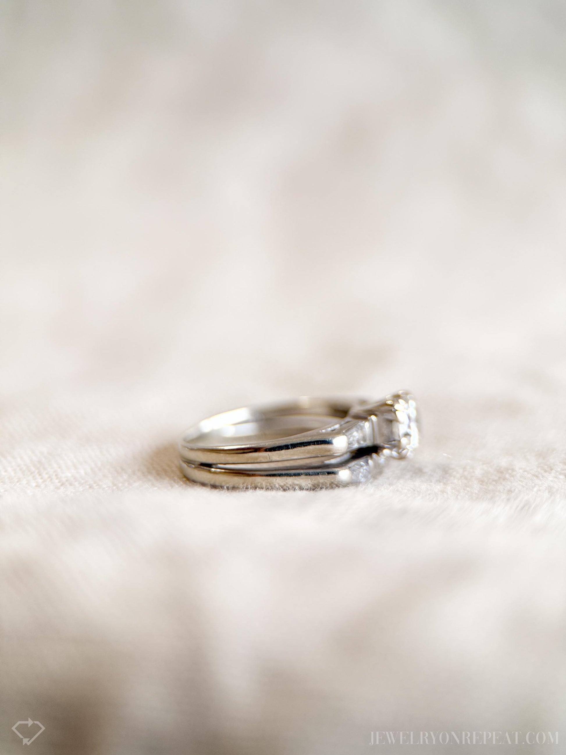 Vintage Art Deco Diamond Bridal Set, Engagement Ring and Wedding Band in 14k White Gold - Timeless, Sustainable, @JewelryOnRepeat